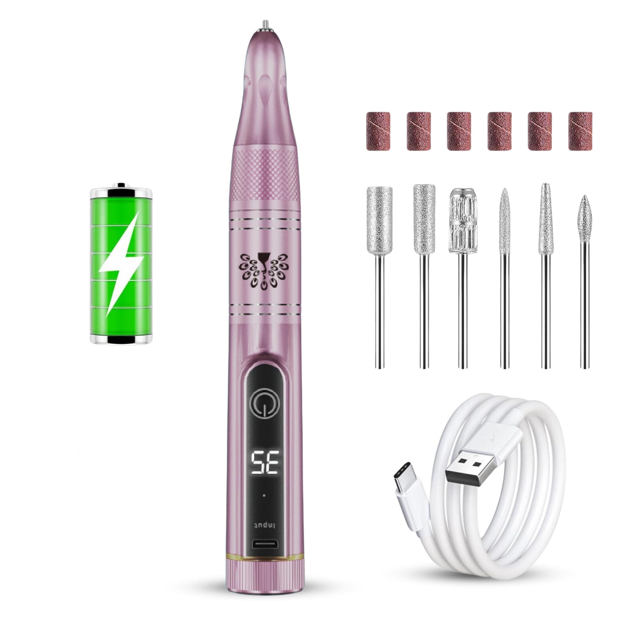 Rechargeable Electric Nail Drill Pen Set - Professional 35,000 RPM Portable E-File for Acrylic, Gel, and Natural Nails, USB Cordless Manicure Tool with Forward/Reverse Function and — Color Pink