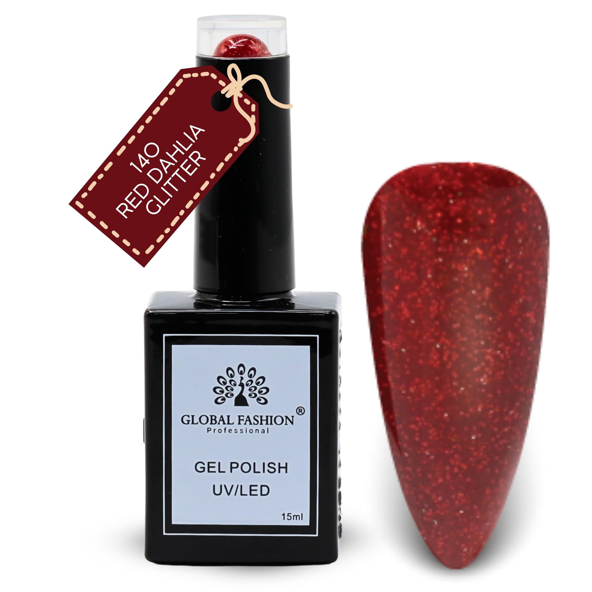 Global Fashion Glitter & Glimmer Collection (133–140) – 6 Long-Lasting, High-Gloss, Chip-Resistant Colors for Teens & Professionals – UV/LED Soak-Off Nail Kit (140-Red Dahlia Glitt)