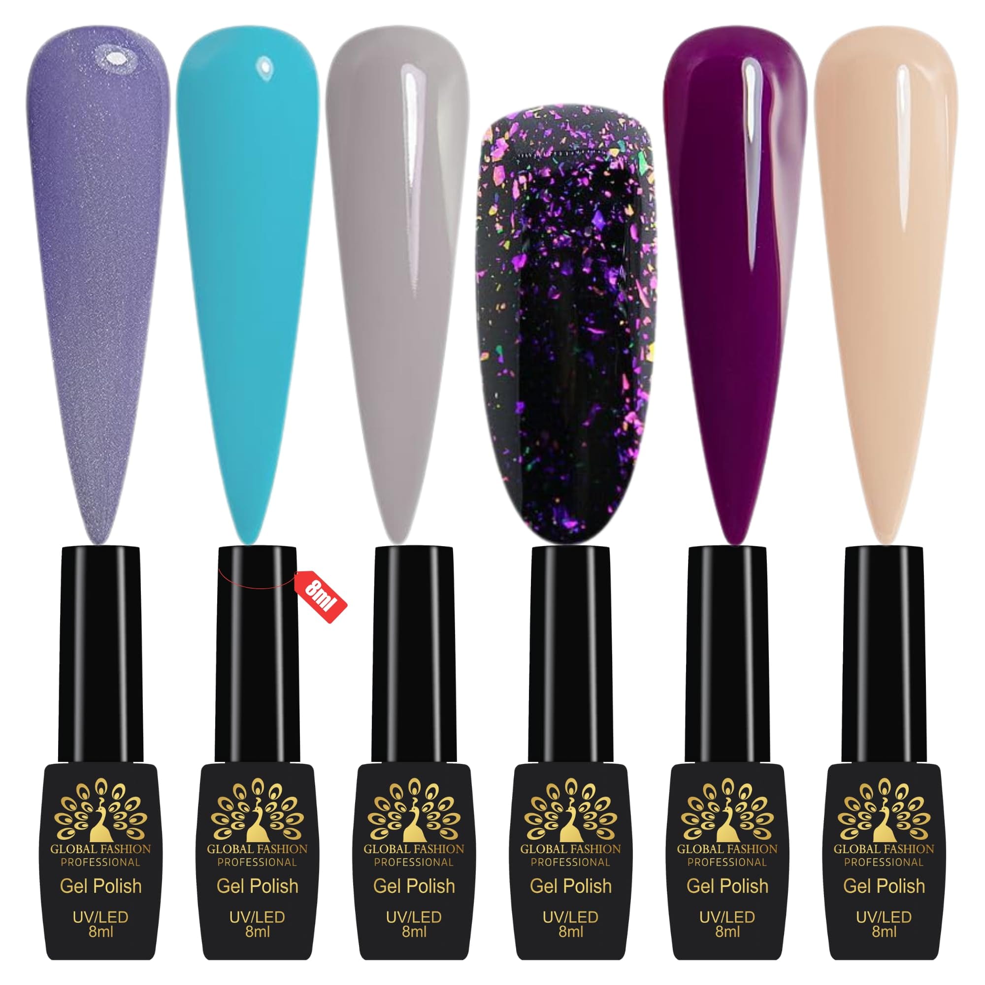 Global Fashion Gel Nail Polish Set of 6-8ml, Black Elite UV/LED Soak-Off, Long-Lasting, Chip-Resistant, Vegan Formula, Easy to Apply, High-Shine Finish for Salon & DIY Nail Art (My)