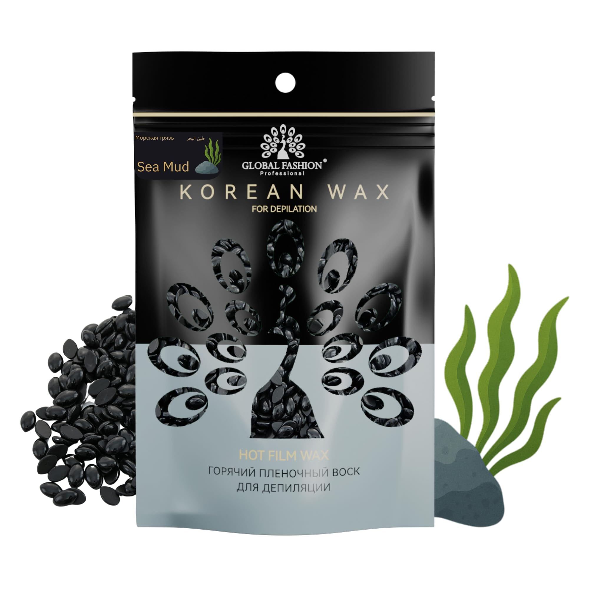 Korean Hot Film Hard Wax Beans for Painless Hair Removal – 12 Variants Stripless Korean Waxing Beads for Bikini, Legs, Face, Body – All Skin Types (500g, SEA MUD) — Scent Sea Mud-500g