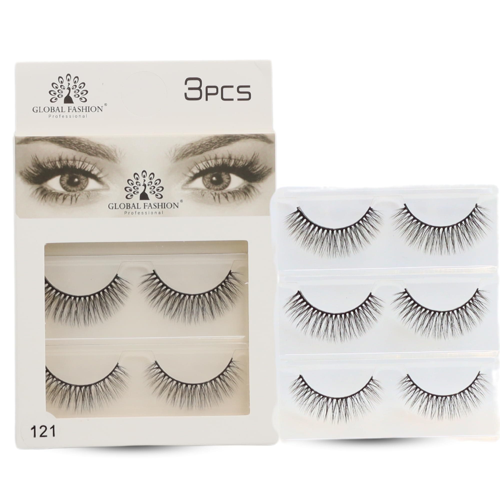 GLOBAL FASHION False Eyelashes Pack - Wispy Natural Look, Mink Fluffy Strips, Cat Eye and Fox Eye Lashes, Reusable, Easy Application, Perfect for Daily Wear & Special Occasions | — Color Eyelash 121-3 Pair