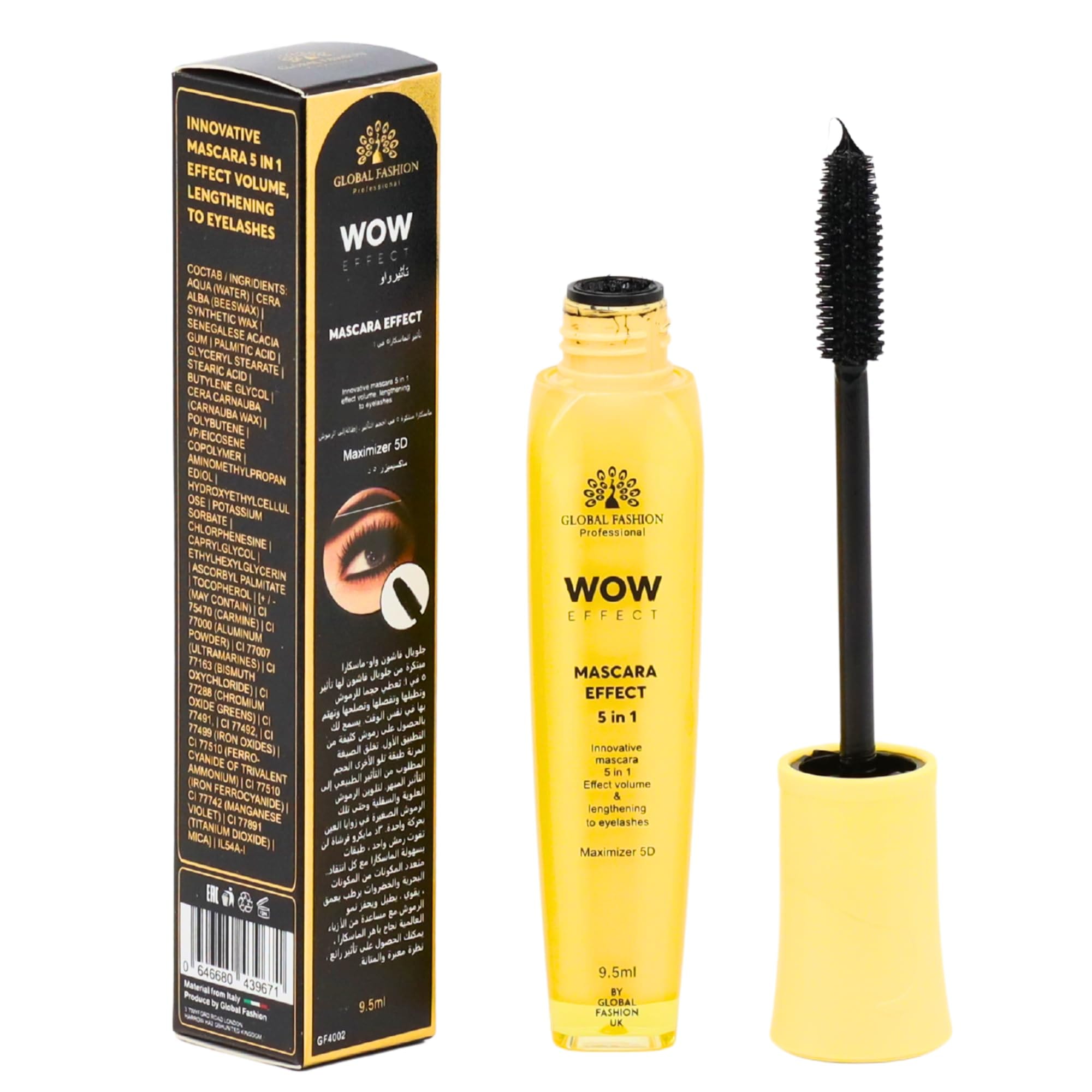 Global Fashion WOW Effect Maximizer 5D – 5-in-1 Volumizing & Lengthening Mascara, Deep Black Precision Curl & Separation, Lash-Care Formula, Smudge-Proof, Clump-Free, 9.5 ml (Masca) — Color Mascara Effect