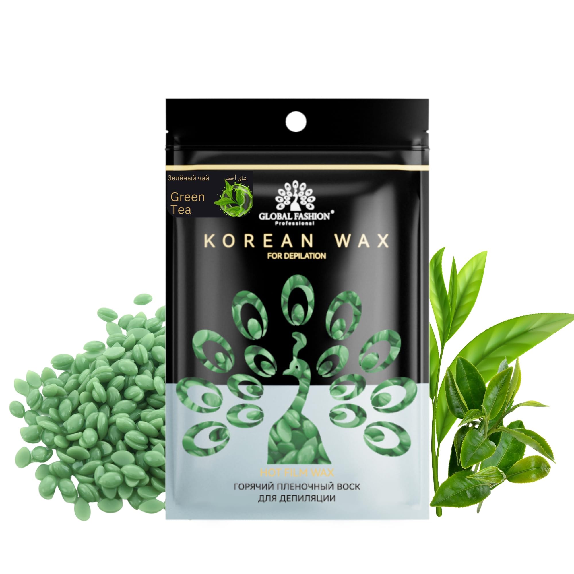 Korean Hot Film Hard Wax Beans for Painless Hair Removal – 12 Variants Stripless Korean Waxing Beads for Bikini, Legs, Face, Body – All Skin Types (100g, GREEN TEA) — Scent Green-Tea-100g
