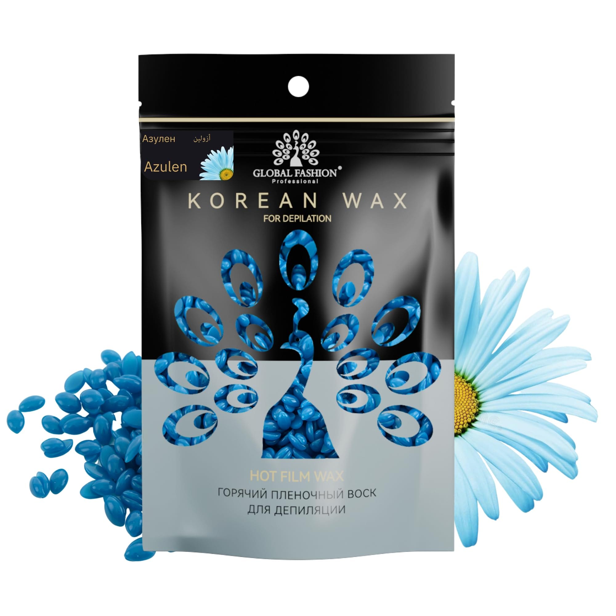 Korean Hot Film Hard Wax Beans for Painless Hair Removal – 12 Variants Stripless Korean Waxing Beads for Bikini, Legs, Face, Body – All Skin Types (500g, AZULEN) — Scent Azulen-500g