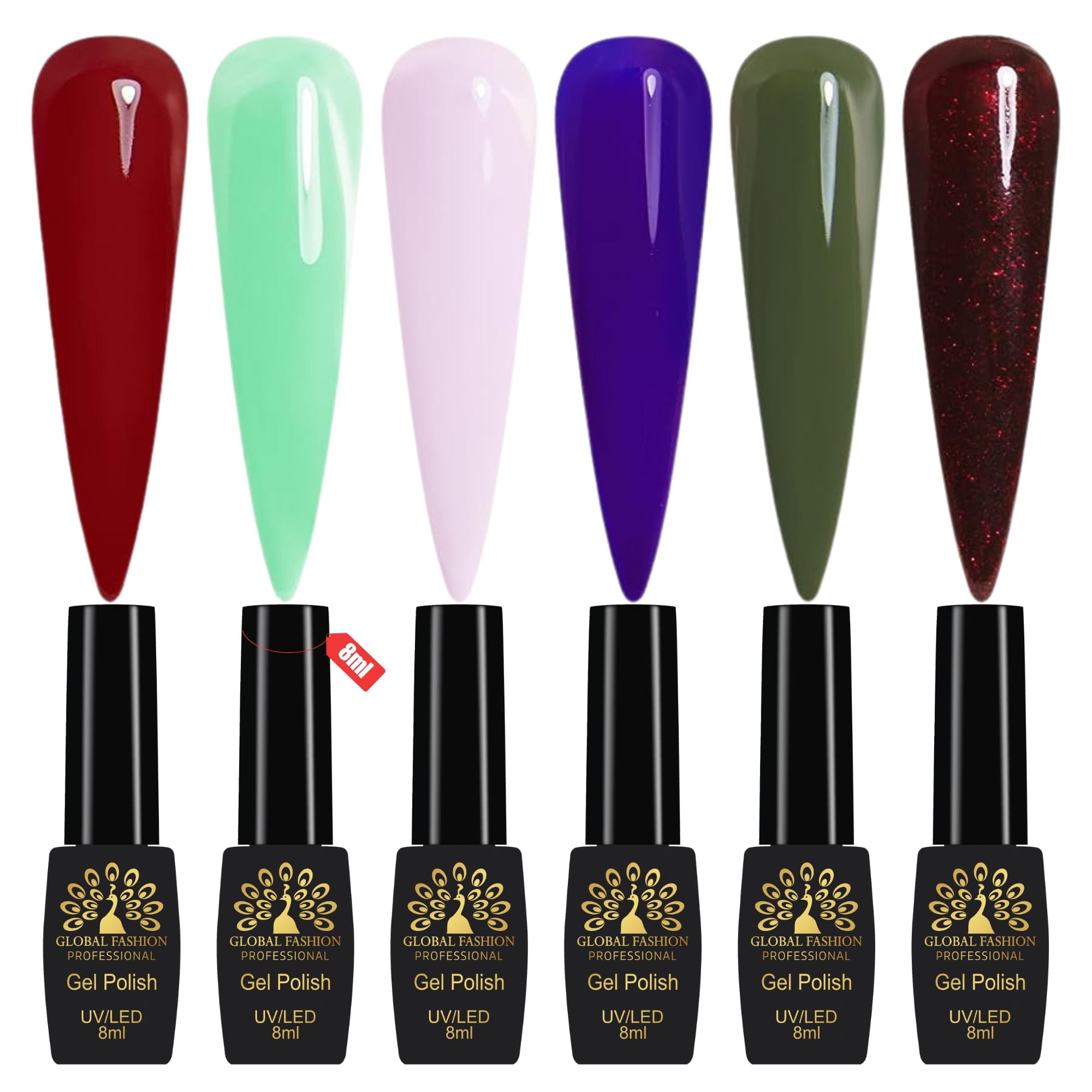 Global Fashion Gel Nail Polish Set of 6-8ml, Black Elite UV/LED Soak-Off, Long-Lasting, Chip-Resistant, Vegan Formula, Easy to Apply, High-Shine Finish for Salon & DIY Nail Art (Ve)