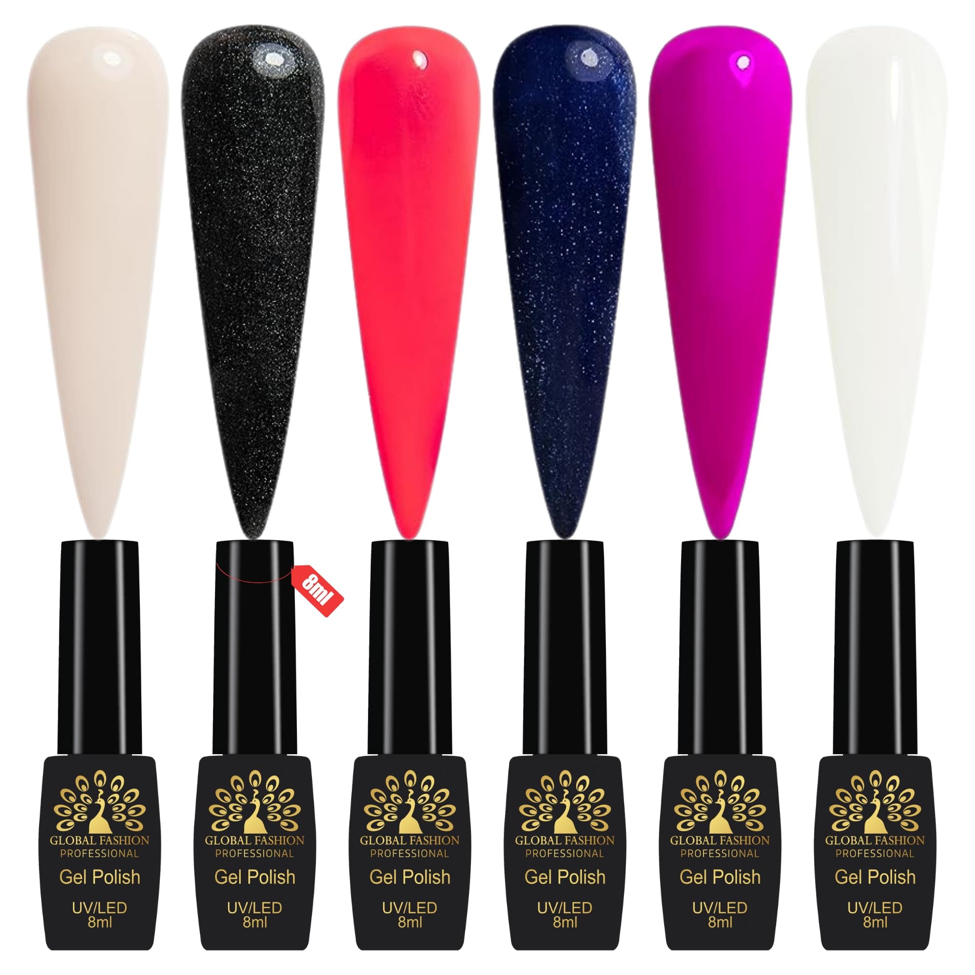 Global Fashion Gel Nail Polish Set of 6-8ml, Black Elite UV/LED Soak-Off, Long-Lasting, Chip-Resistant, Vegan Formula, Easy to Apply, High-Shine Finish for Salon & DIY Nail Art (Ne)
