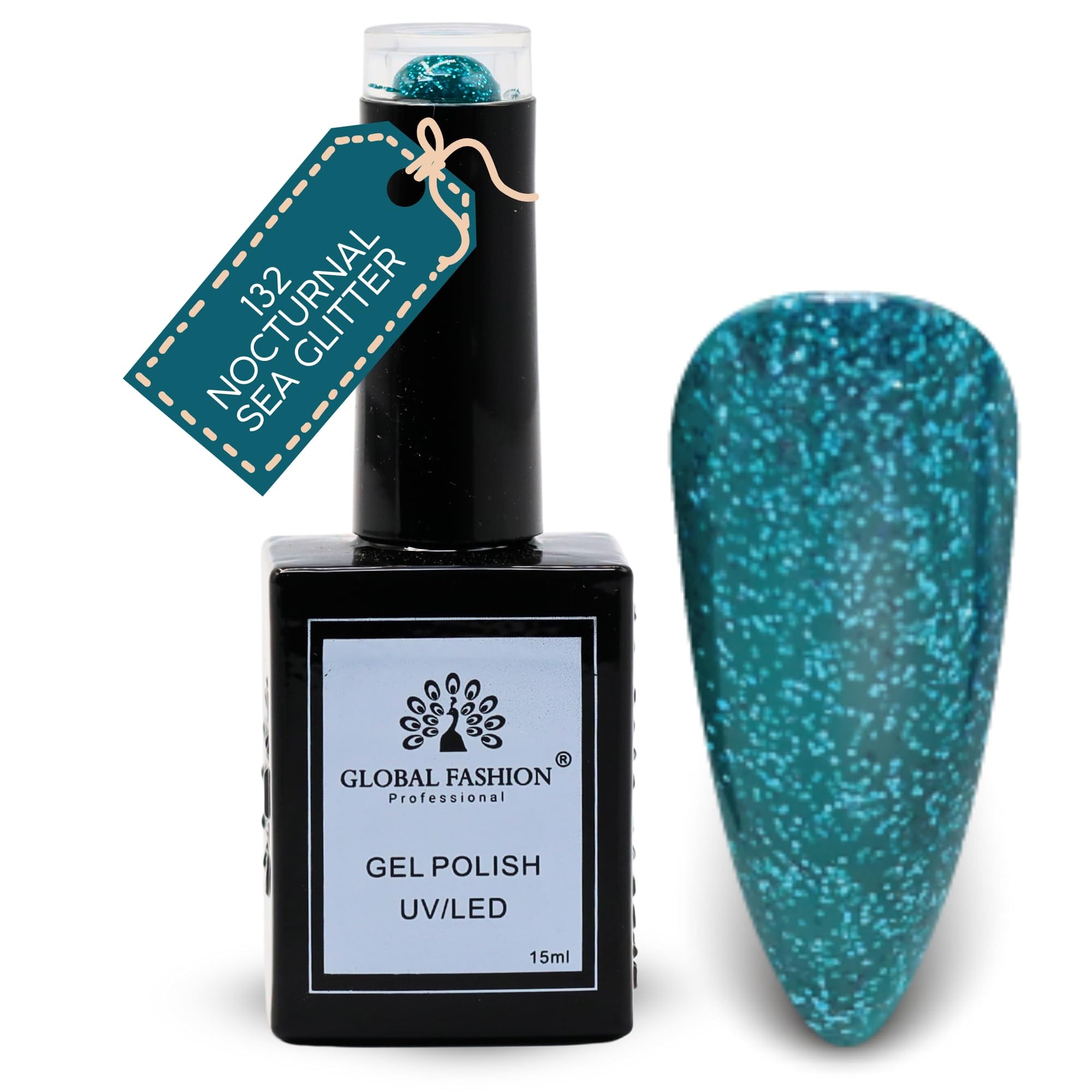 Global Fashion Earthy Elegance Collection (127–132) – 6 Long-Lasting, High-Gloss, Chip-Resistant Colors for Teens & Professionals – UV/LED Soak-Off Nail (132-Nocturnal Sea Glitter)