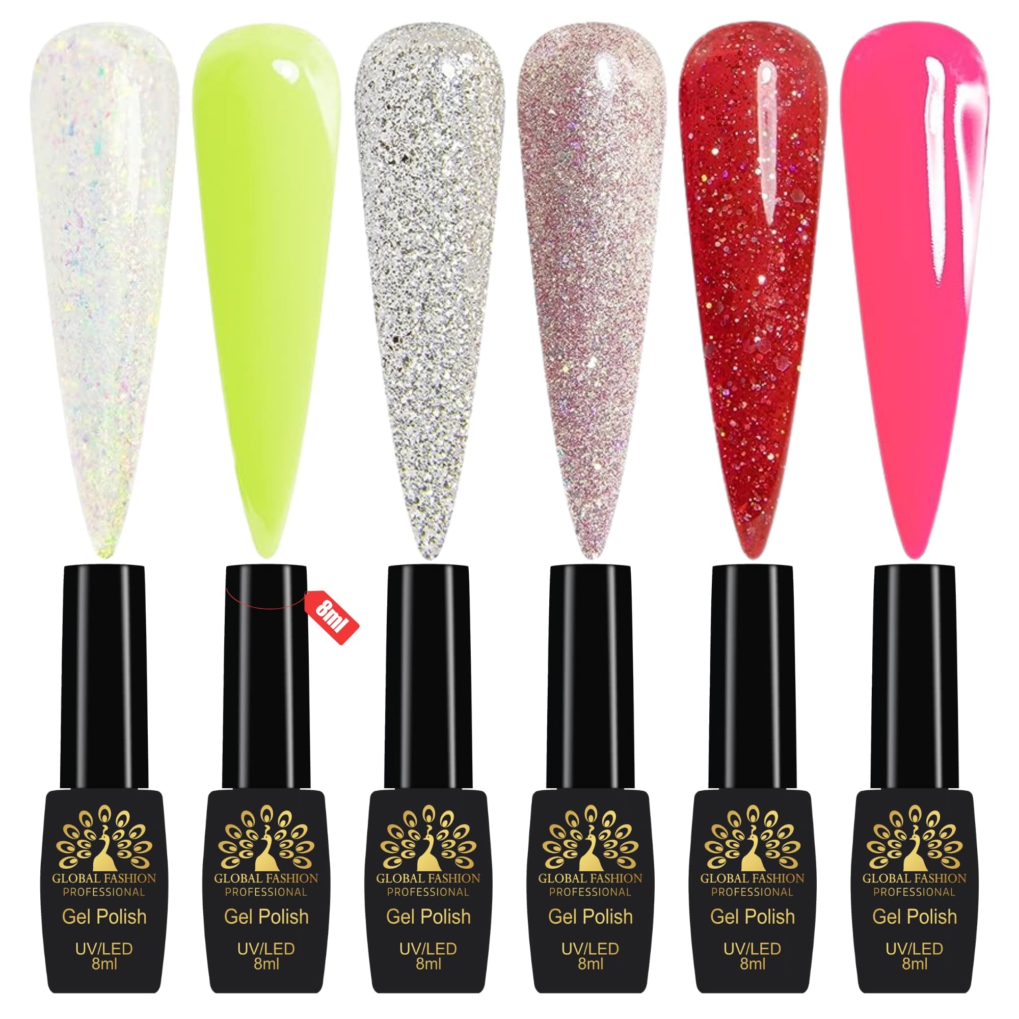 Global Fashion Gel Nail Polish Set of 6-8ml, Black Elite UV/LED Soak-Off, Long-Lasting, Chip-Resistant, Vegan Formula, Easy to Apply, High-Shine Finish for Salon & DIY Nail Art (El)