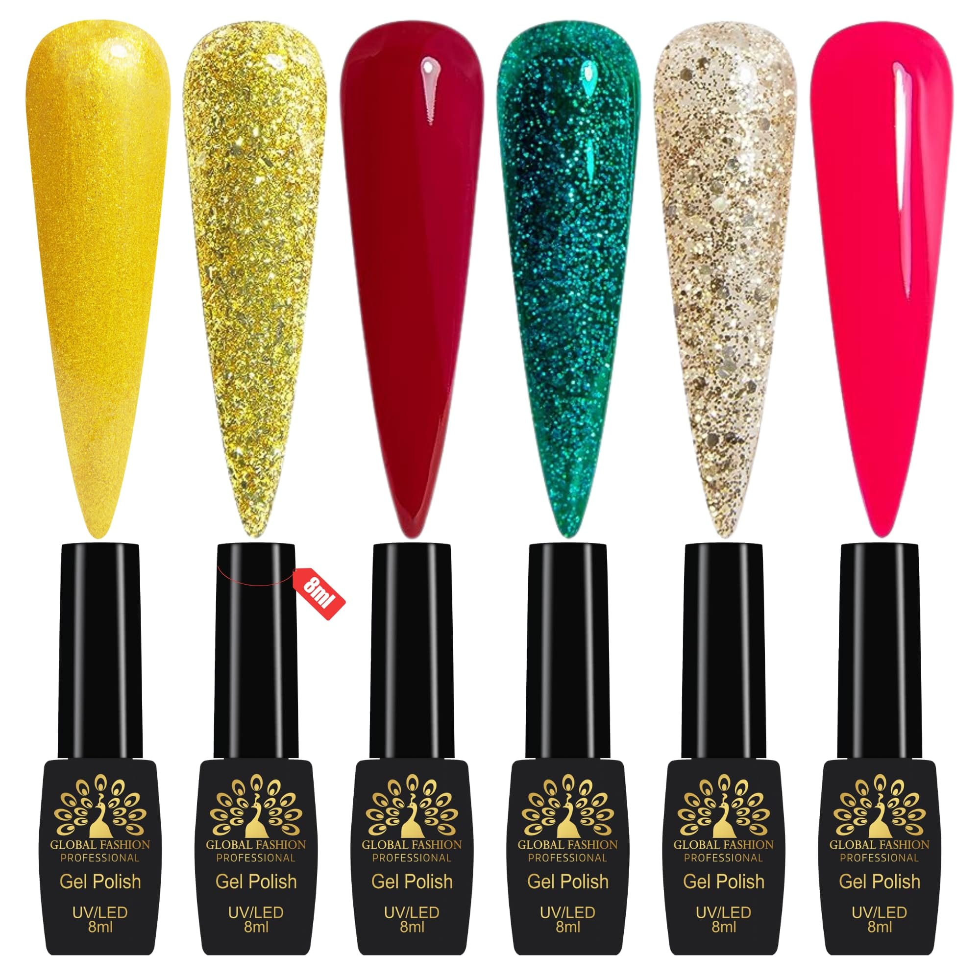 Global Fashion Gel Nail Polish Set of 6-8ml, Black Elite UV/LED Soak-Off, Long-Lasting, Chip-Resistant, Vegan Formula, Easy to Apply, High-Shine Finish for Salon & DIY Nail Art (Go)