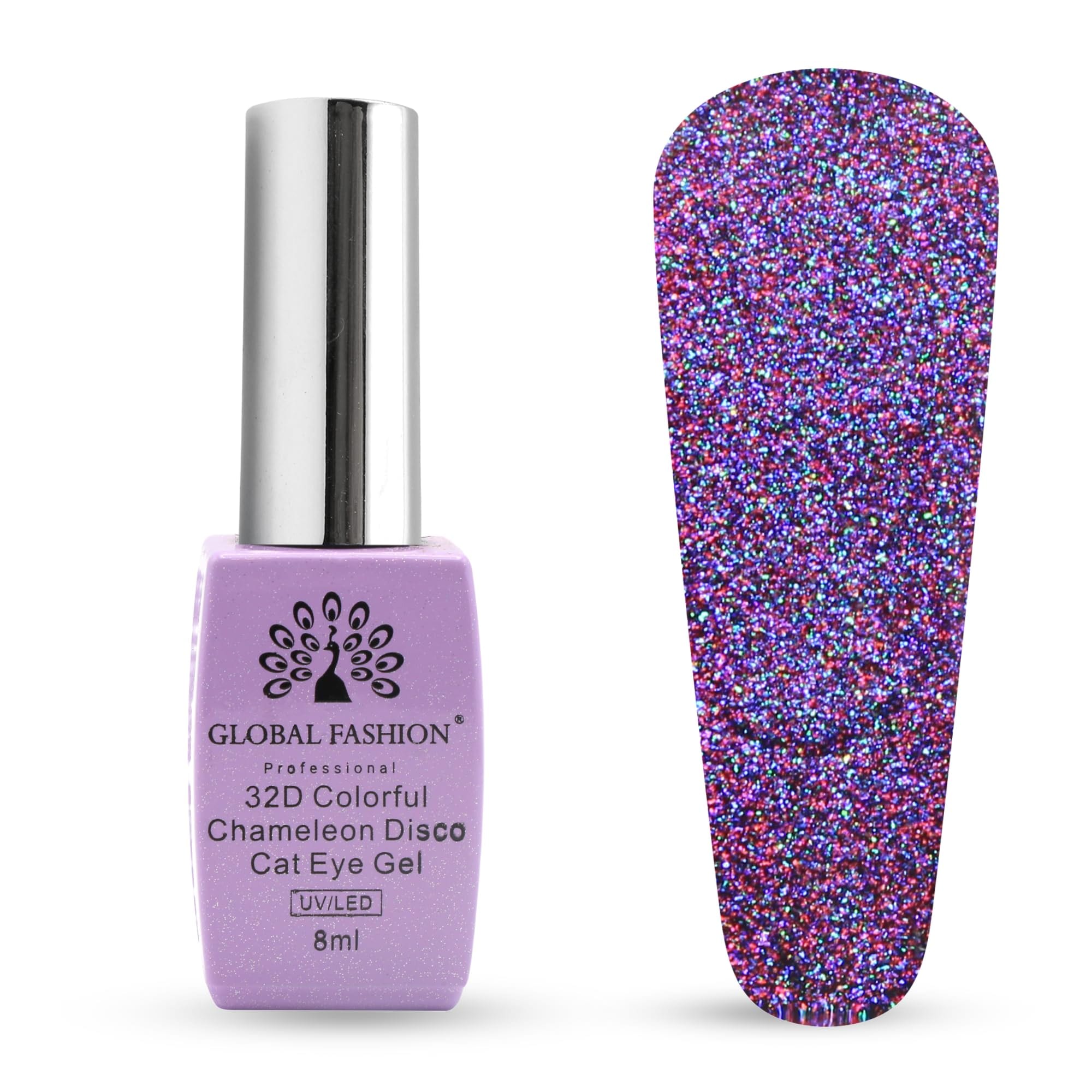32D Chameleon Cat Eye Gel Polish, Magnetic Rosy Sunset Shimmer, Soak-Off UV/LED Gel Nail Polish, Disco Galaxy Effect, Long-Lasting Sparkle, Nail Art Gift (Cosmic Purple Glitter, 8m)