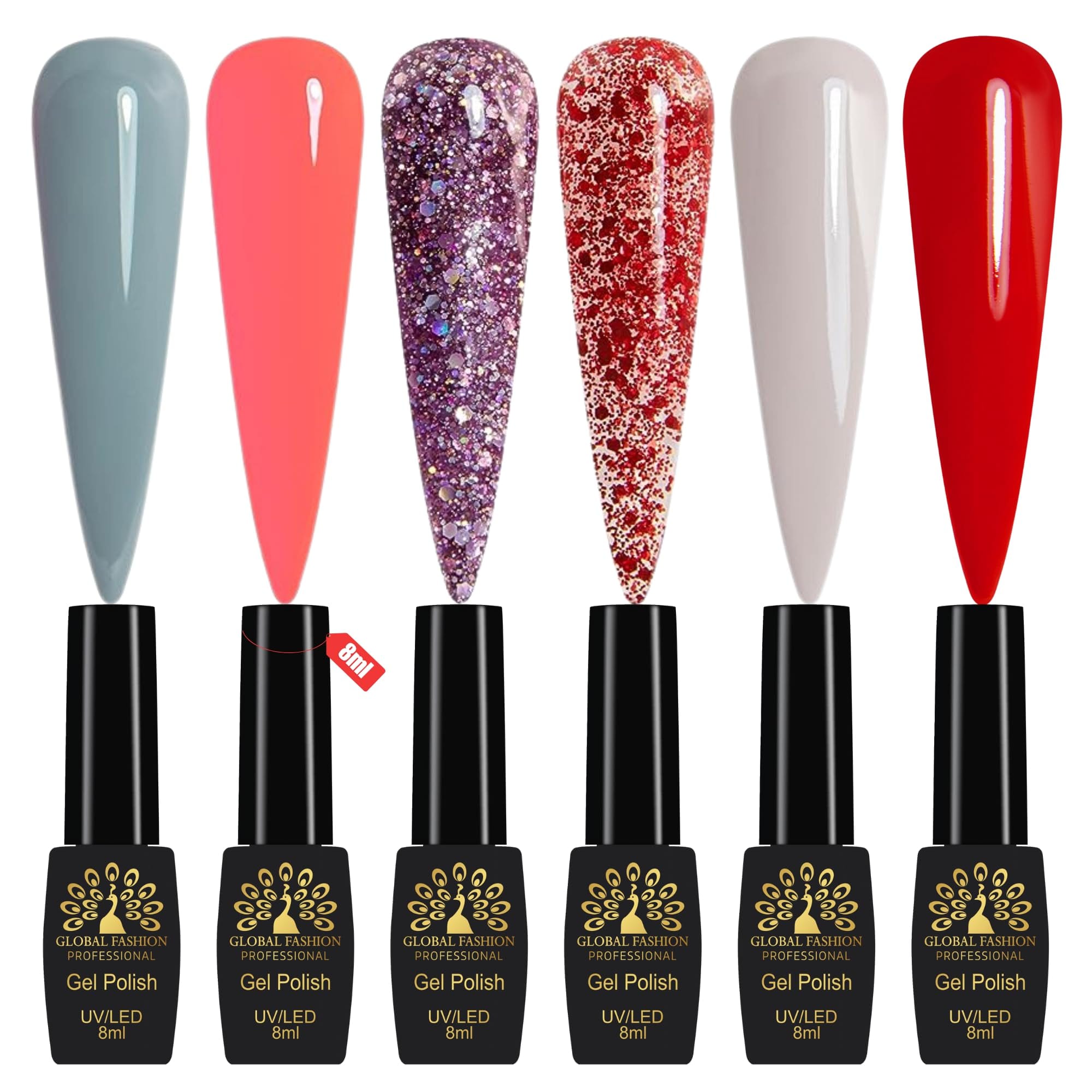 Global Fashion Gel Nail Polish Set of 6-8ml, Black Elite UV/LED Soak-Off, Long-Lasting, Chip-Resistant, Vegan Formula, Easy to Apply, High-Shine Finish for Salon & DIY Nail Art (Lu)
