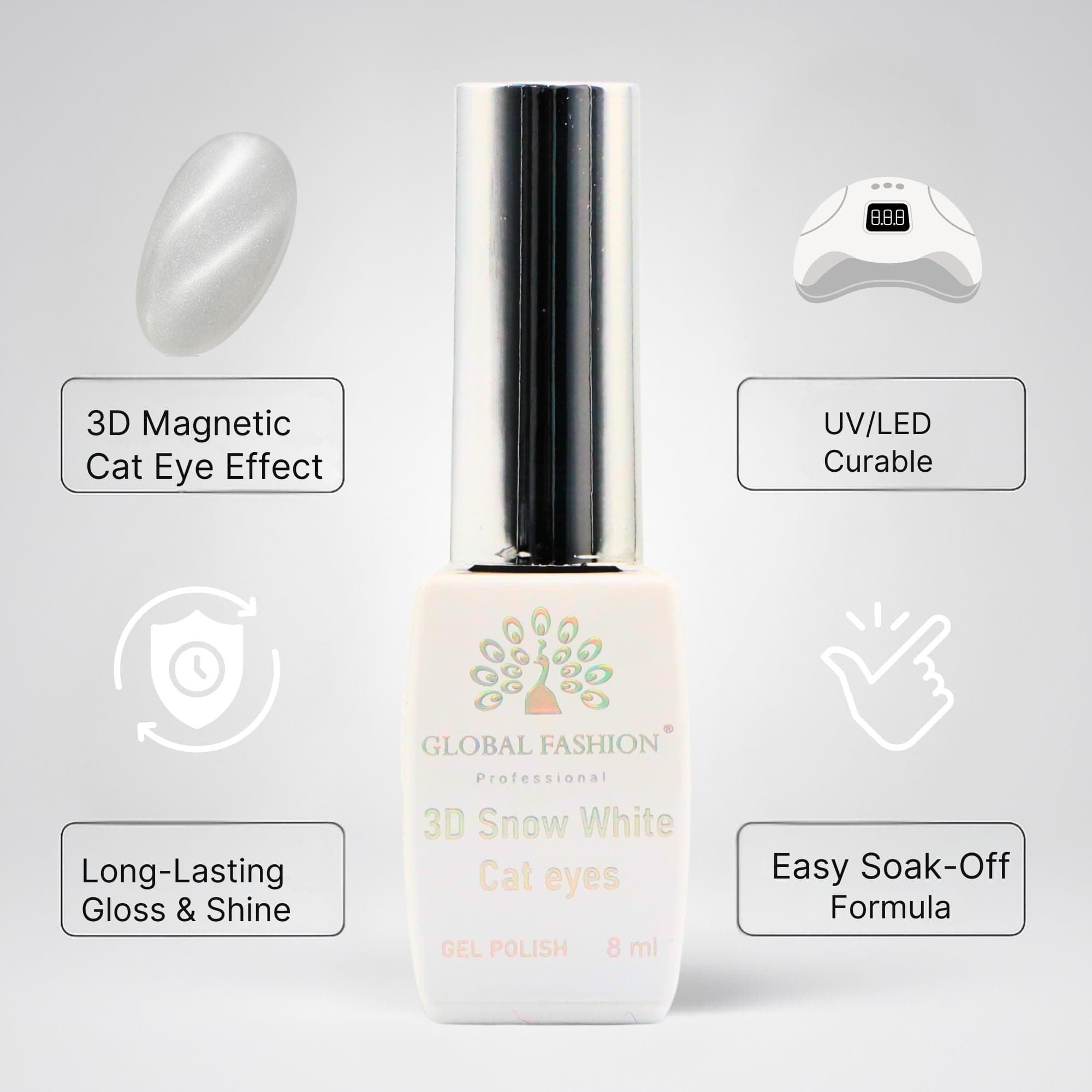 3D Snow White Cat Eye UV/LED Gel Nail Polish – Snow White Soak-Off Shimmer Gel, Long-Lasting High Gloss Nail Art for Salon & Home Use — 3