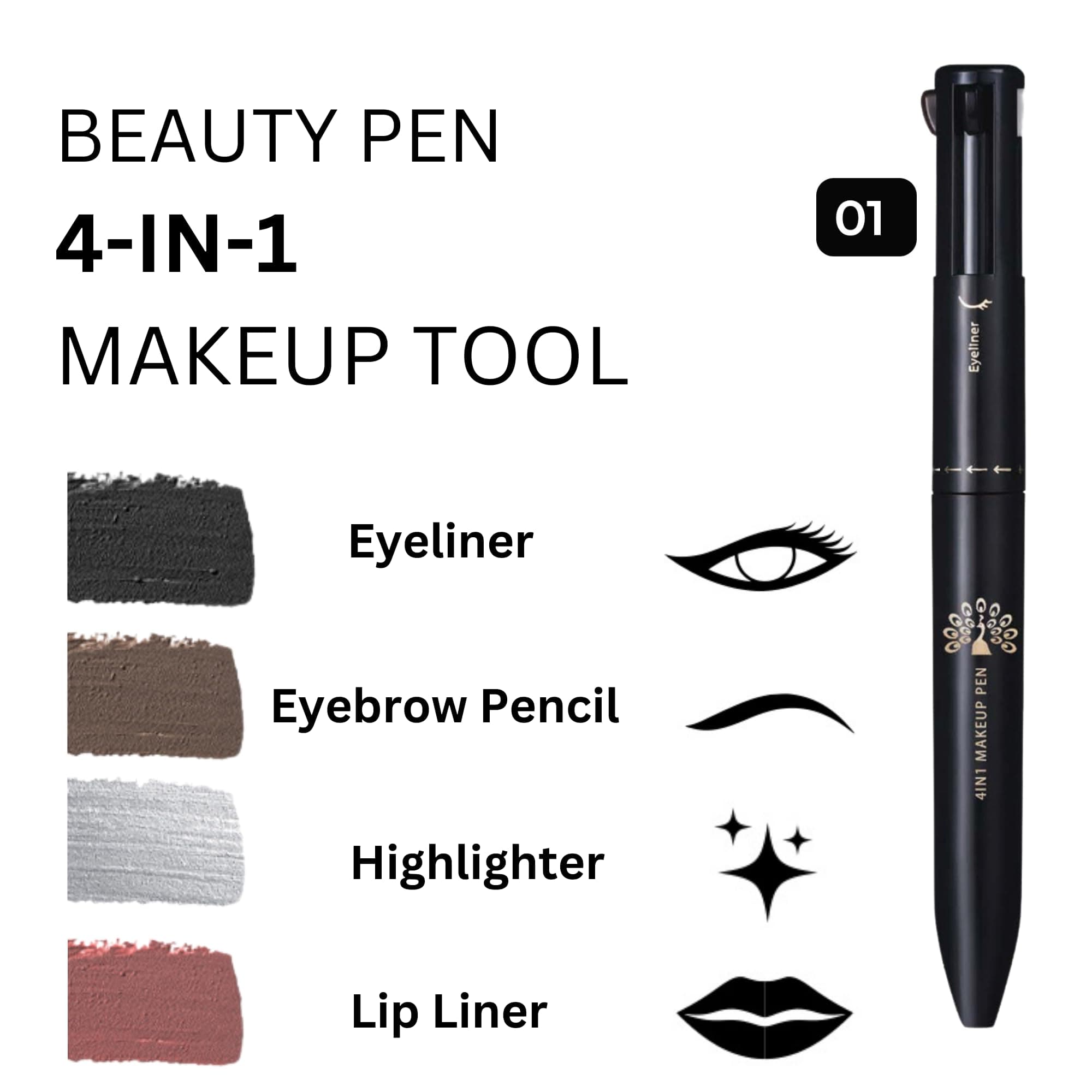 4-in-1 Makeup Pen – Eyebrow Pencil, Black Eyeliner, Lip Liner & Highlighter | Retractable, Waterproof, Smudge-Proof, Long-Lasting Beauty Stick for Quick Touch-Ups — 2