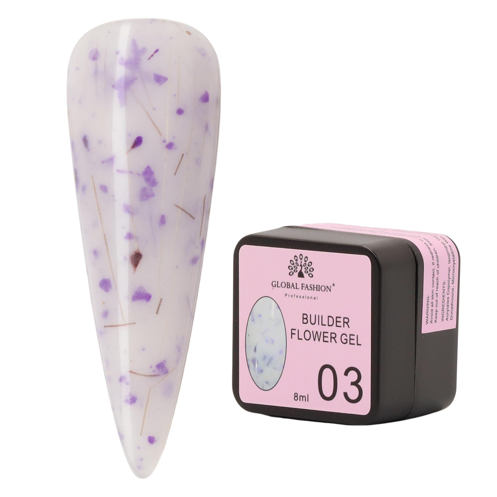 Builder Flower Gel 8ml - Real Dried Floral Petals, Self-Leveling Hard Builder Gel for Nails, Strong Adhesion, Non-Yellowing, UV/LED Cure, High Gloss Finish, HEMA-Free, Vegan, Cruel