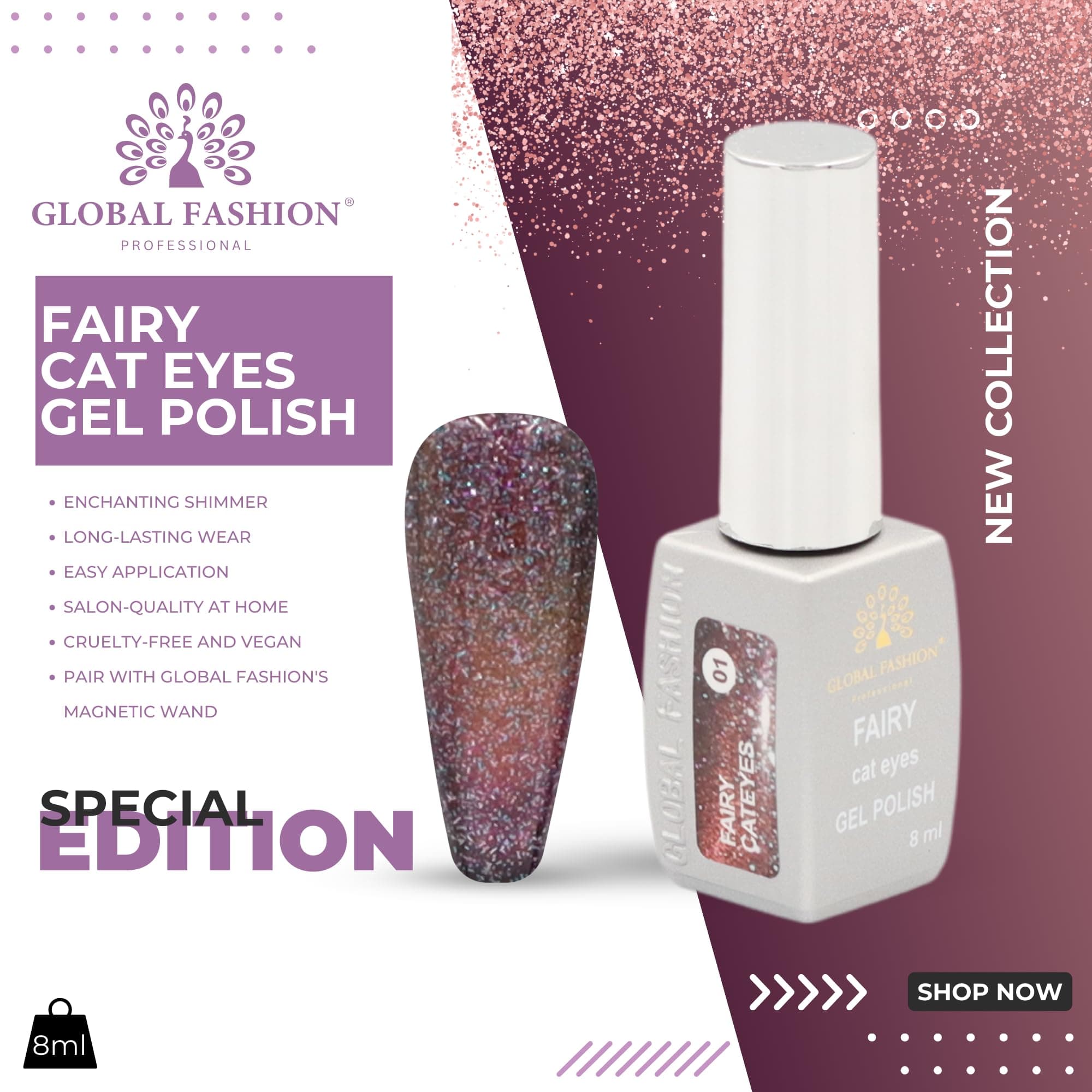 Fairy Cat Eyes Gel Polish 8ml Global Fashion | Magical Shimmer Lash | Long-Lasting Holographic, High-Gloss, Soak Off, Nail Art Design, Easy Application, Professional Manicure, Salo — 3