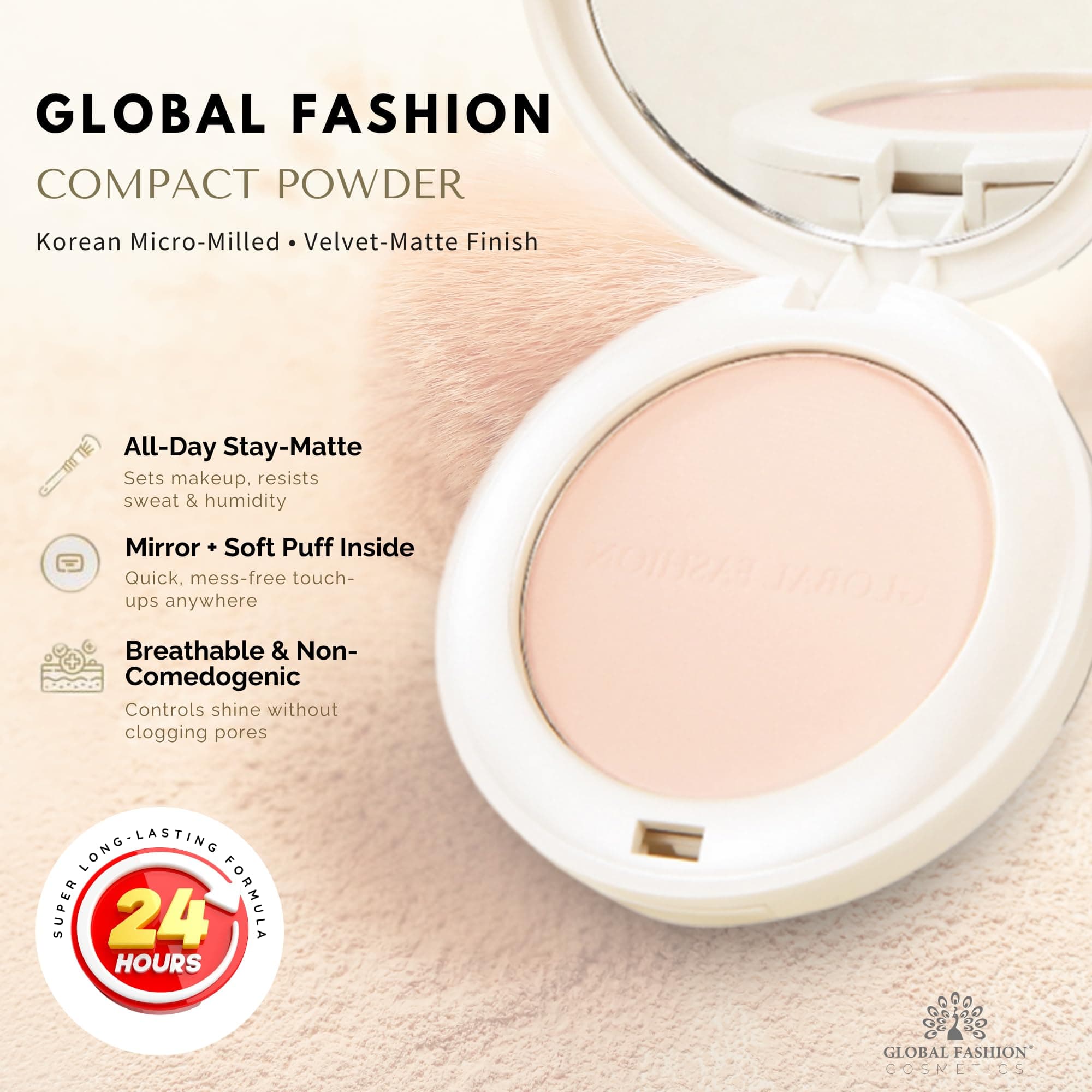 Global Fashion Compact Powder - 6 Buildable Coverage Shades, Micro Milled Velvet - Matte Pressed Powder, All-Day Oil Control & 24H Shine-Free, Non-Comedogenic, Mirror & Puff Touch — 3
