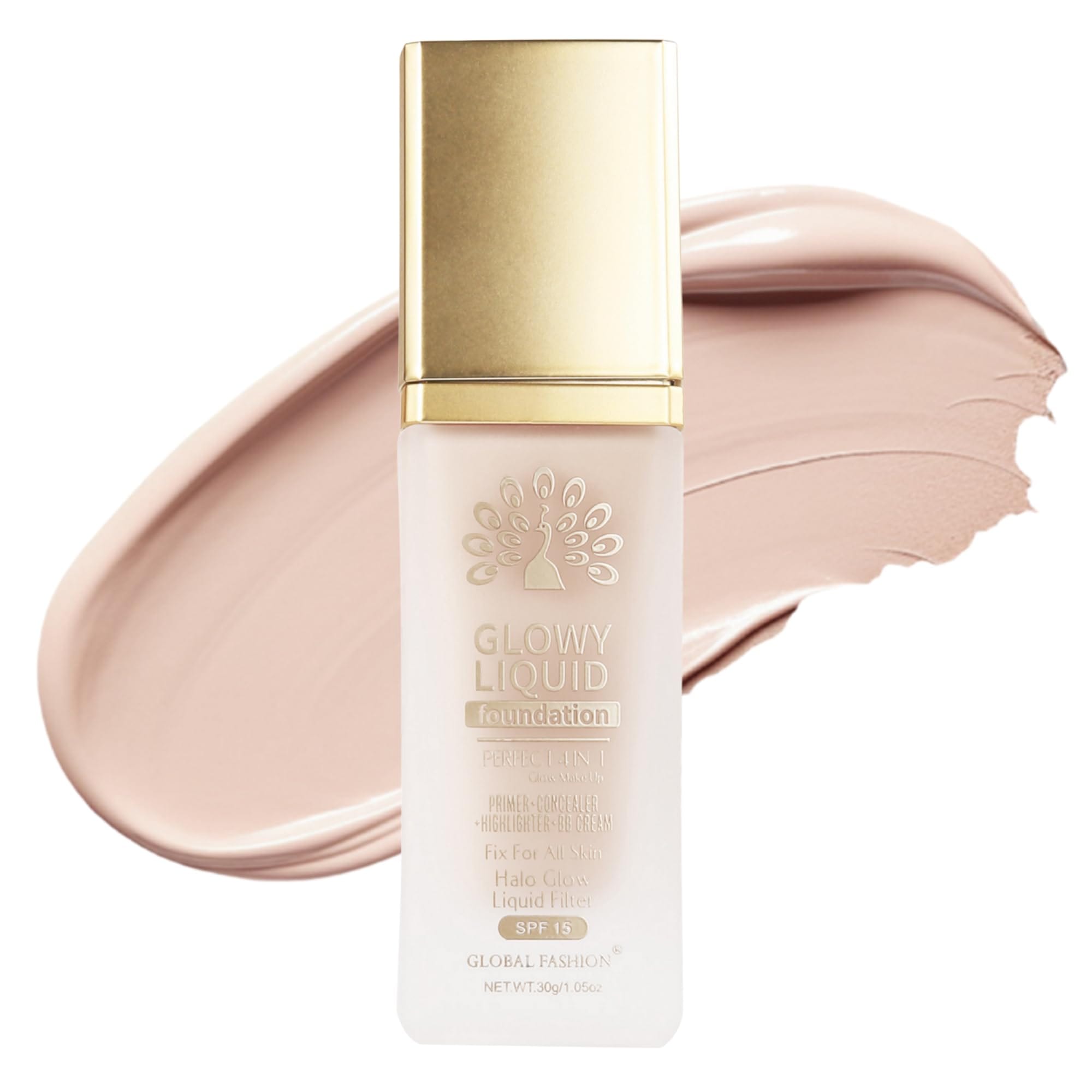 Global Fashion Glowy Liquid Foundation 30ml – 8 Shades, Radiant Finish, Buildable Coverage, Lightweight Formula with Hydrating Vitamin E & Dewy Glow Effect, SPF 15 Protection