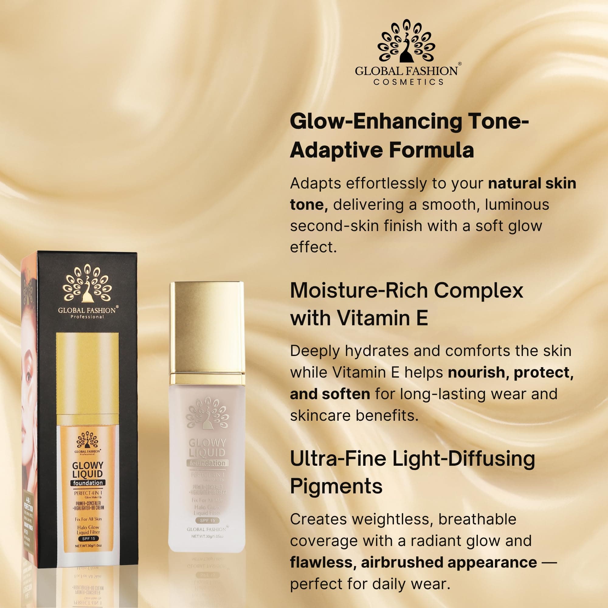 Global Fashion Glowy Liquid Foundation 30ml – 8 Shades, Radiant Finish, Buildable Coverage, Lightweight Formula with Hydrating Vitamin E & Dewy Glow Effect, SPF 15 Protection — 7