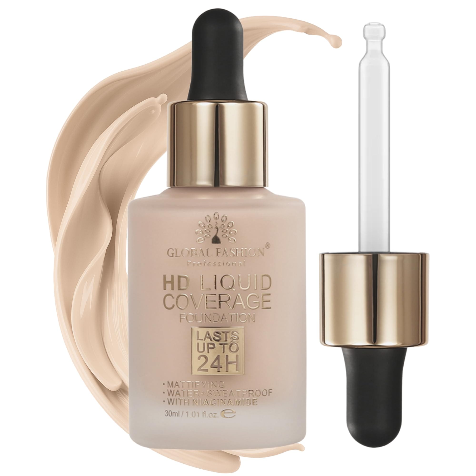 Global Fashion HD Liquid Coverage Foundation 30ml - 8 Flawless Shades, 24H Long-Lasting Matte Finish, Waterproof, Lightweight Full Coverage with Niacinamide - Korean Formula
