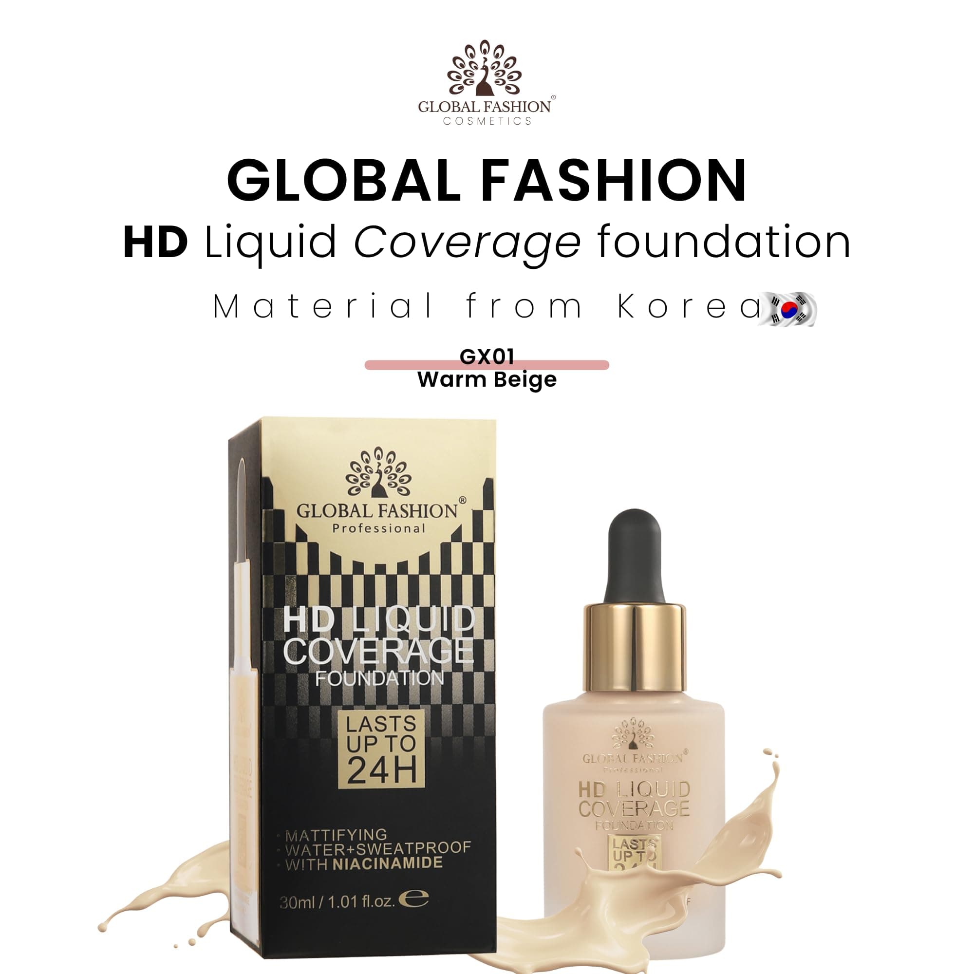 Global Fashion HD Liquid Coverage Foundation 30ml - 8 Flawless Shades, 24H Long-Lasting Matte Finish, Waterproof, Lightweight Full Coverage with Niacinamide - Korean Formula — 2