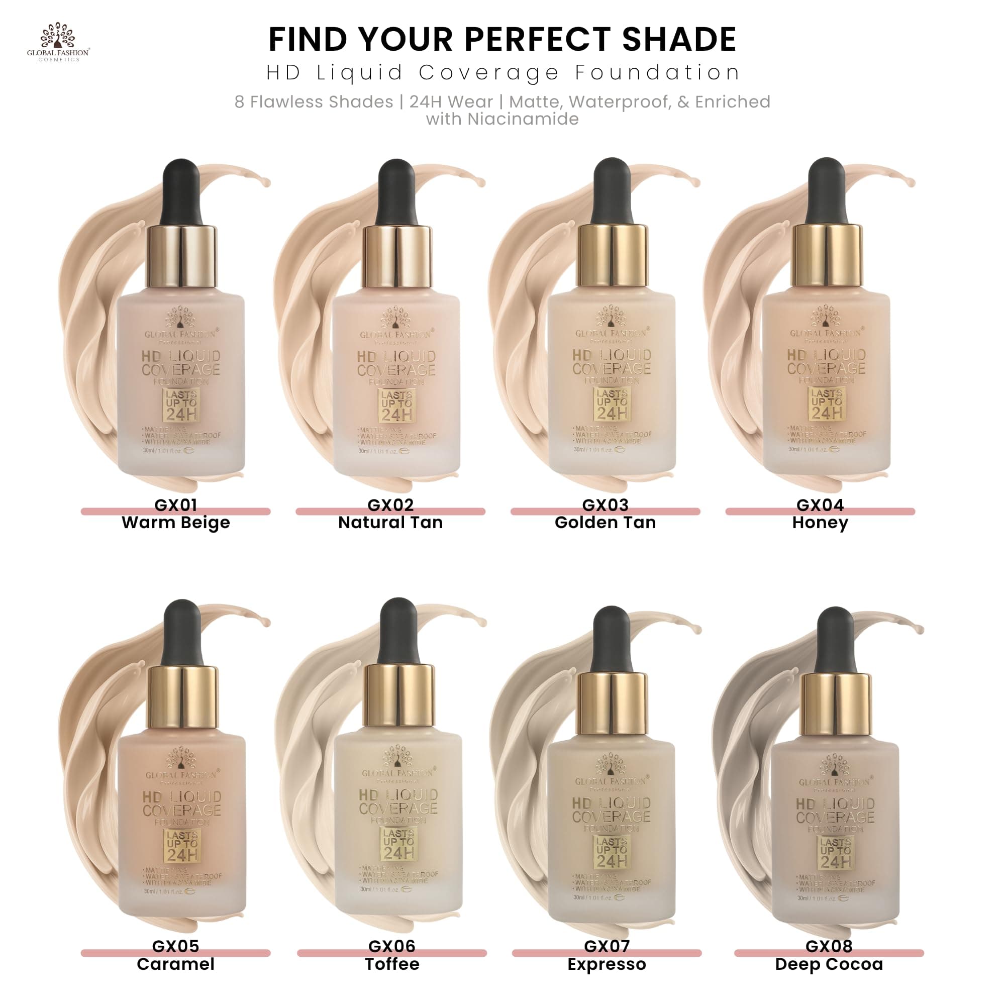 Global Fashion HD Liquid Coverage Foundation 30ml - 8 Flawless Shades, 24H Long-Lasting Matte Finish, Waterproof, Lightweight Full Coverage with Niacinamide - Korean Formula — 3