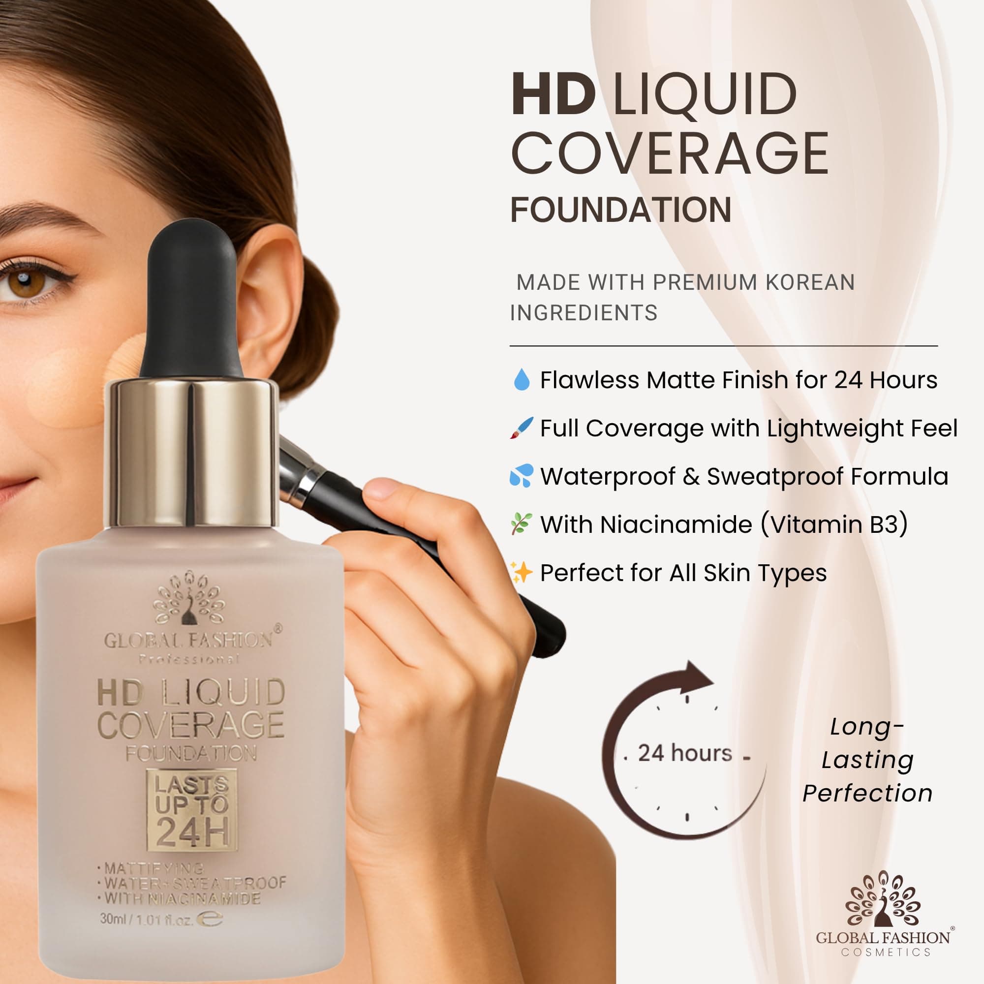 Global Fashion HD Liquid Coverage Foundation 30ml - 8 Flawless Shades, 24H Long-Lasting Matte Finish, Waterproof, Lightweight Full Coverage with Niacinamide - Korean Formula — 4