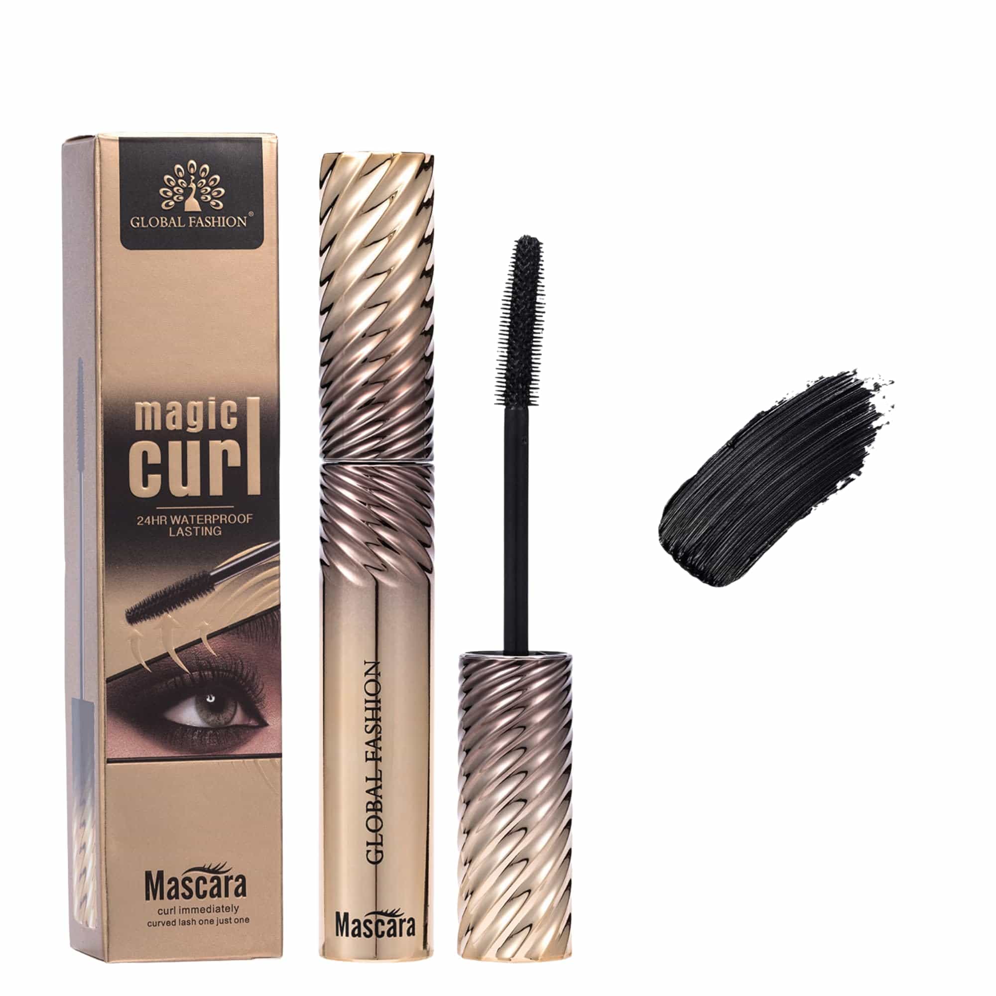 Global Fashion Magic Curl Waterproof Mascara, 24-Hour Long-Lasting Smudge-Proof Lash Definer, Dual Brush System for Volume, Curl, Length & Clump-Free Separation