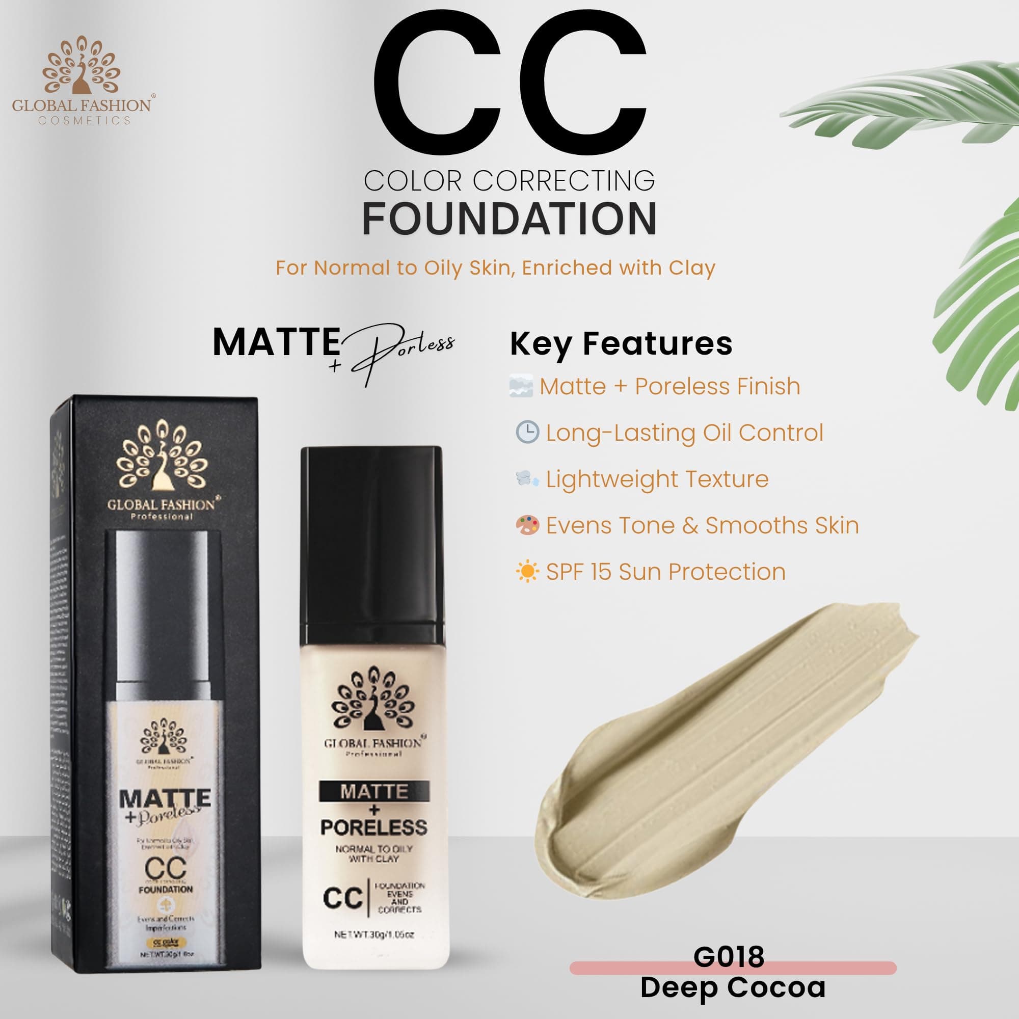 Global Fashion Matte & Poreless CC Foundation - 8 Shades, Oil‑Control, Clay‑Infused Tone‑Perfecting SPF - Free Cream, Lightweight, Buildable Coverage for Normal Oily Skin — 2