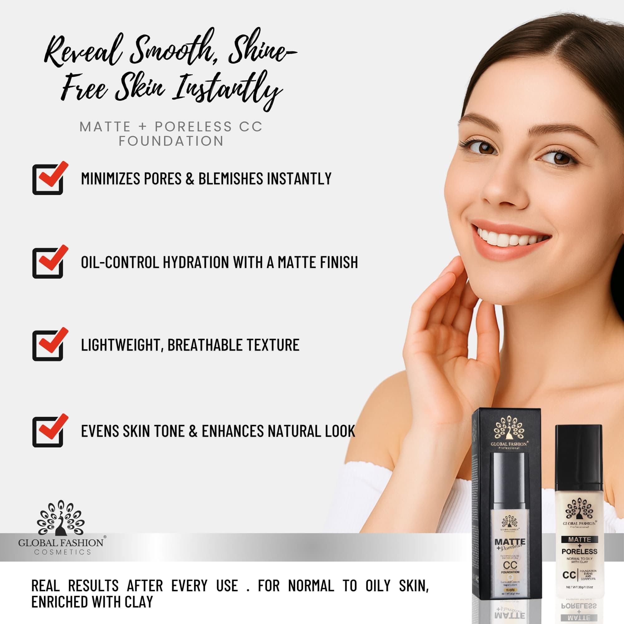 Global Fashion Matte & Poreless CC Foundation - 8 Shades, Oil‑Control, Clay‑Infused Tone‑Perfecting SPF - Free Cream, Lightweight, Buildable Coverage for Normal Oily Skin — 4