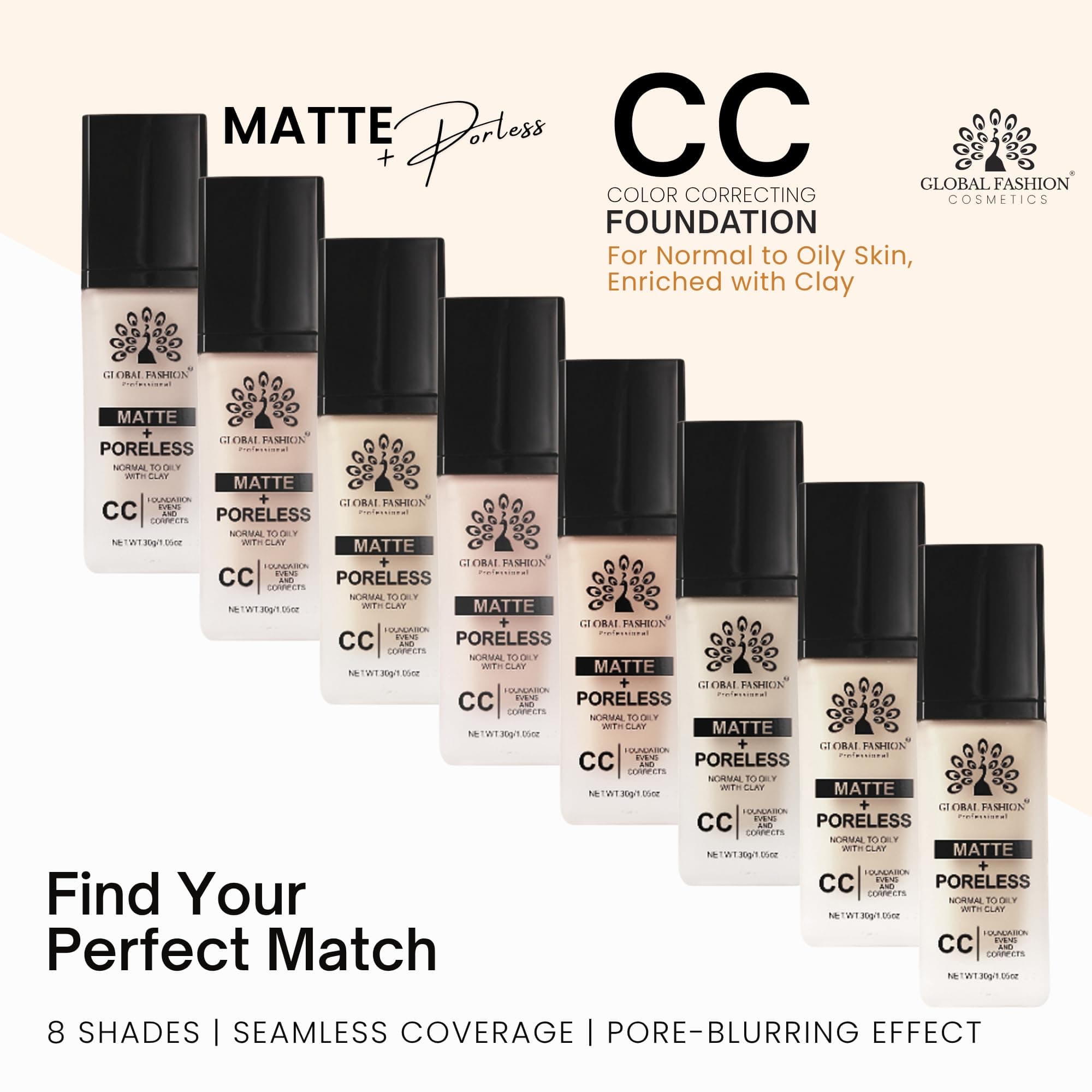 Global Fashion Matte & Poreless CC Foundation - 8 Shades, Oil‑Control, Clay‑Infused Tone‑Perfecting SPF - Free Cream, Lightweight, Buildable Coverage for Normal Oily Skin — 6