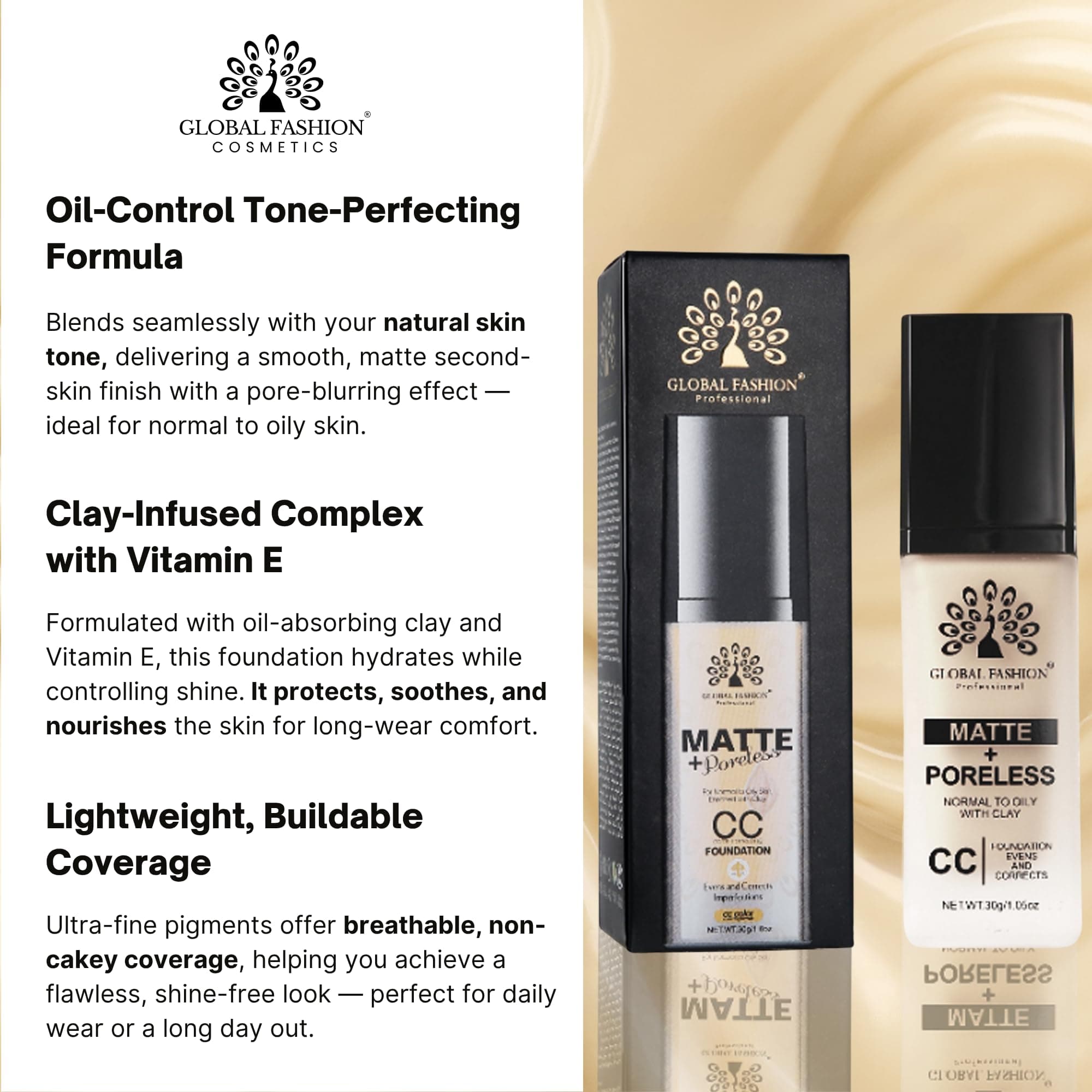 Global Fashion Matte & Poreless CC Foundation - 8 Shades, Oil‑Control, Clay‑Infused Tone‑Perfecting SPF - Free Cream, Lightweight, Buildable Coverage for Normal Oily Skin — 7