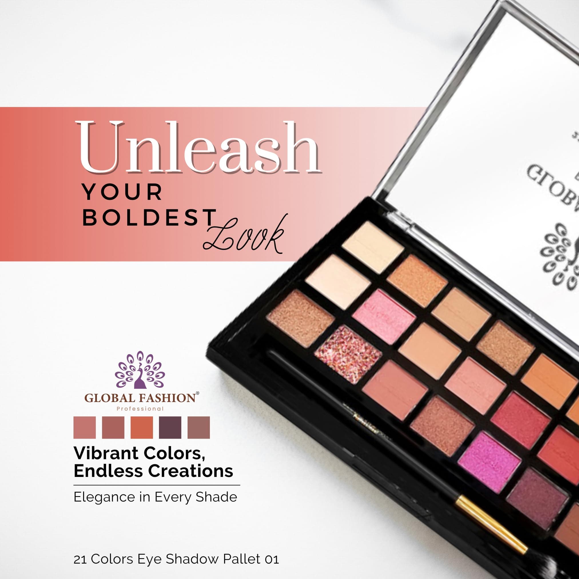 Global Fashion Professional 21-Color Eyeshadow Palette – High Pigment Matte & Shimmer Shades, Long-Lasting, Blendable Makeup Palette with Brush for Day & Night Looks, All Skin Tone — 2