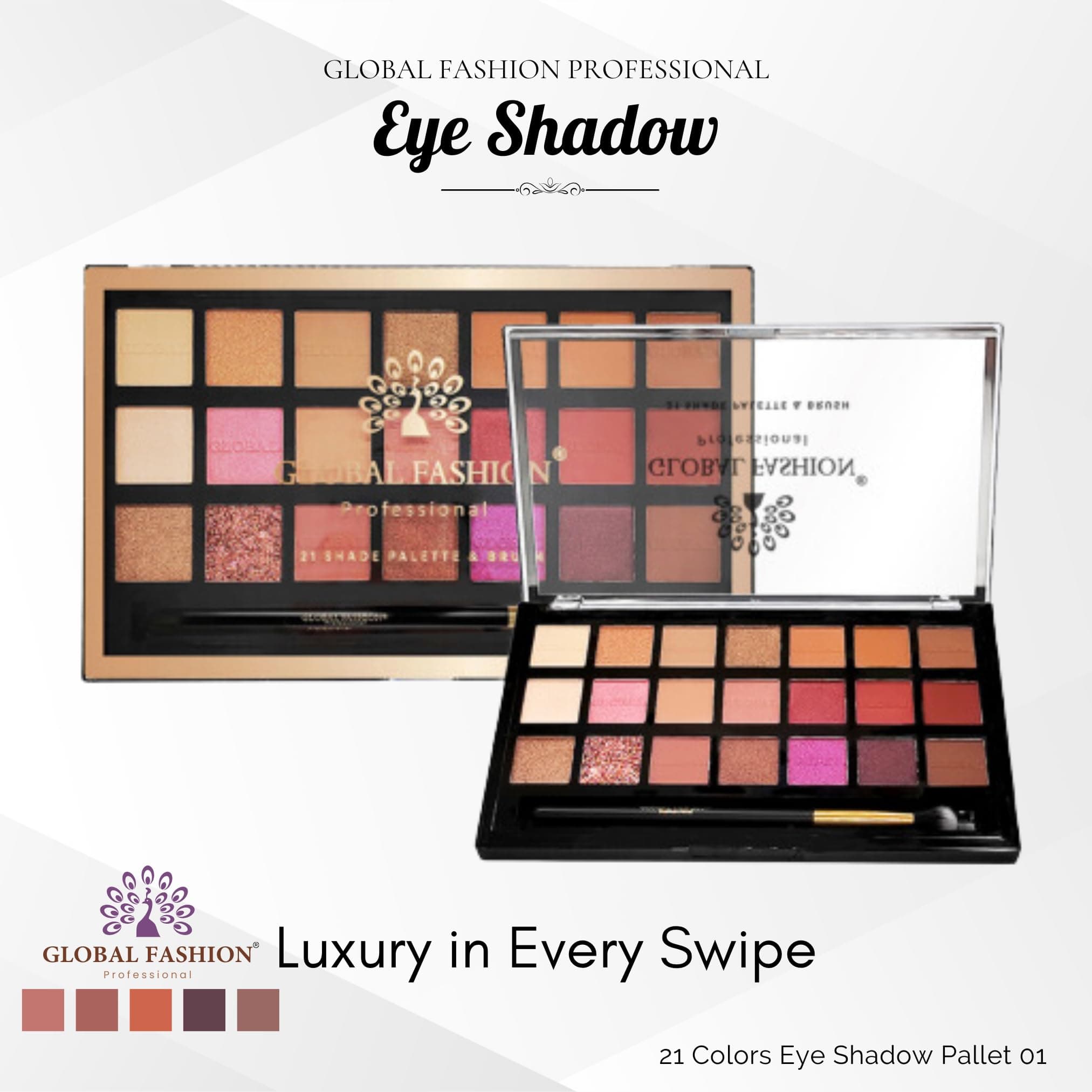 Global Fashion Professional 21-Color Eyeshadow Palette – High Pigment Matte & Shimmer Shades, Long-Lasting, Blendable Makeup Palette with Brush for Day & Night Looks, All Skin Tone — 3