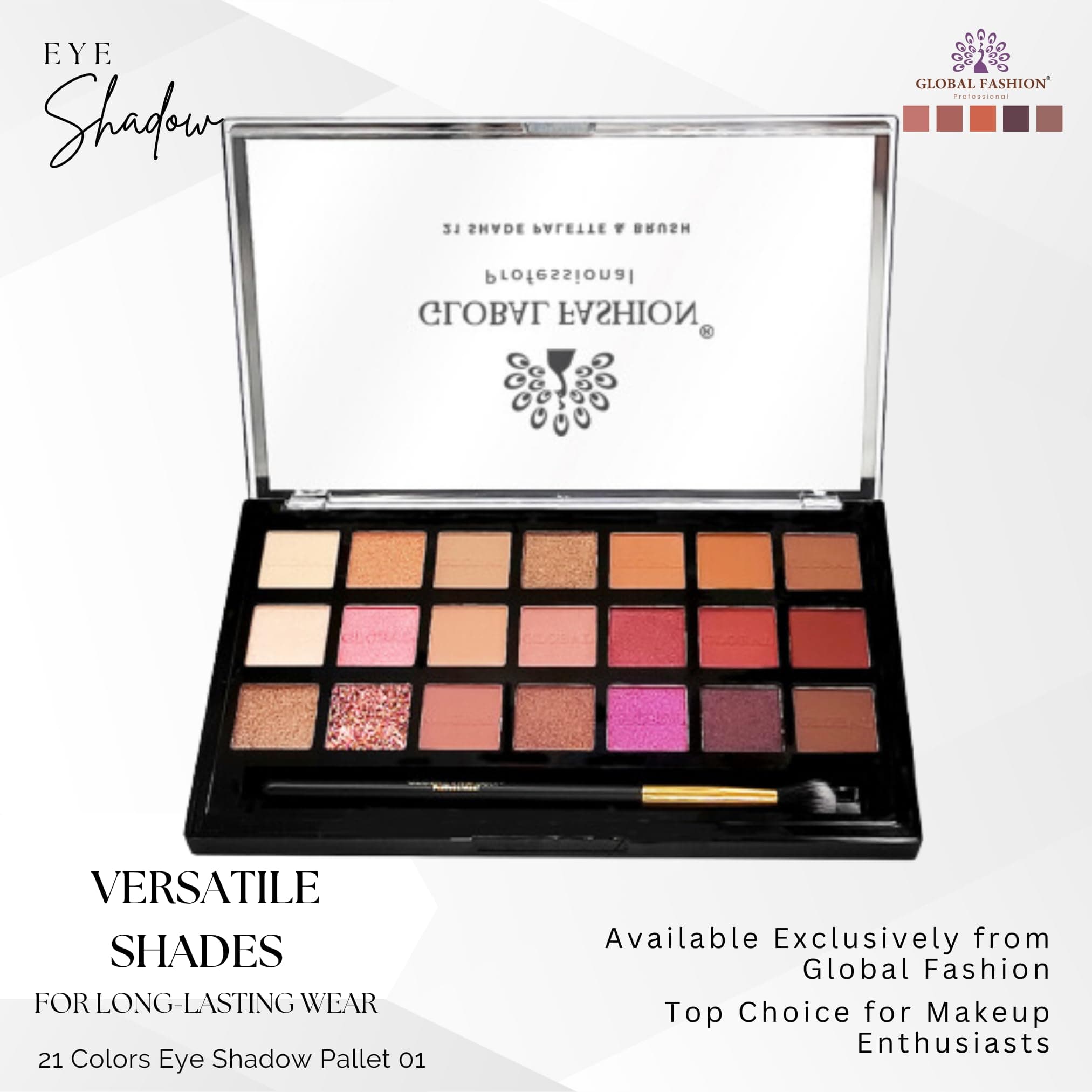 Global Fashion Professional 21-Color Eyeshadow Palette – High Pigment Matte & Shimmer Shades, Long-Lasting, Blendable Makeup Palette with Brush for Day & Night Looks, All Skin Tone — 6