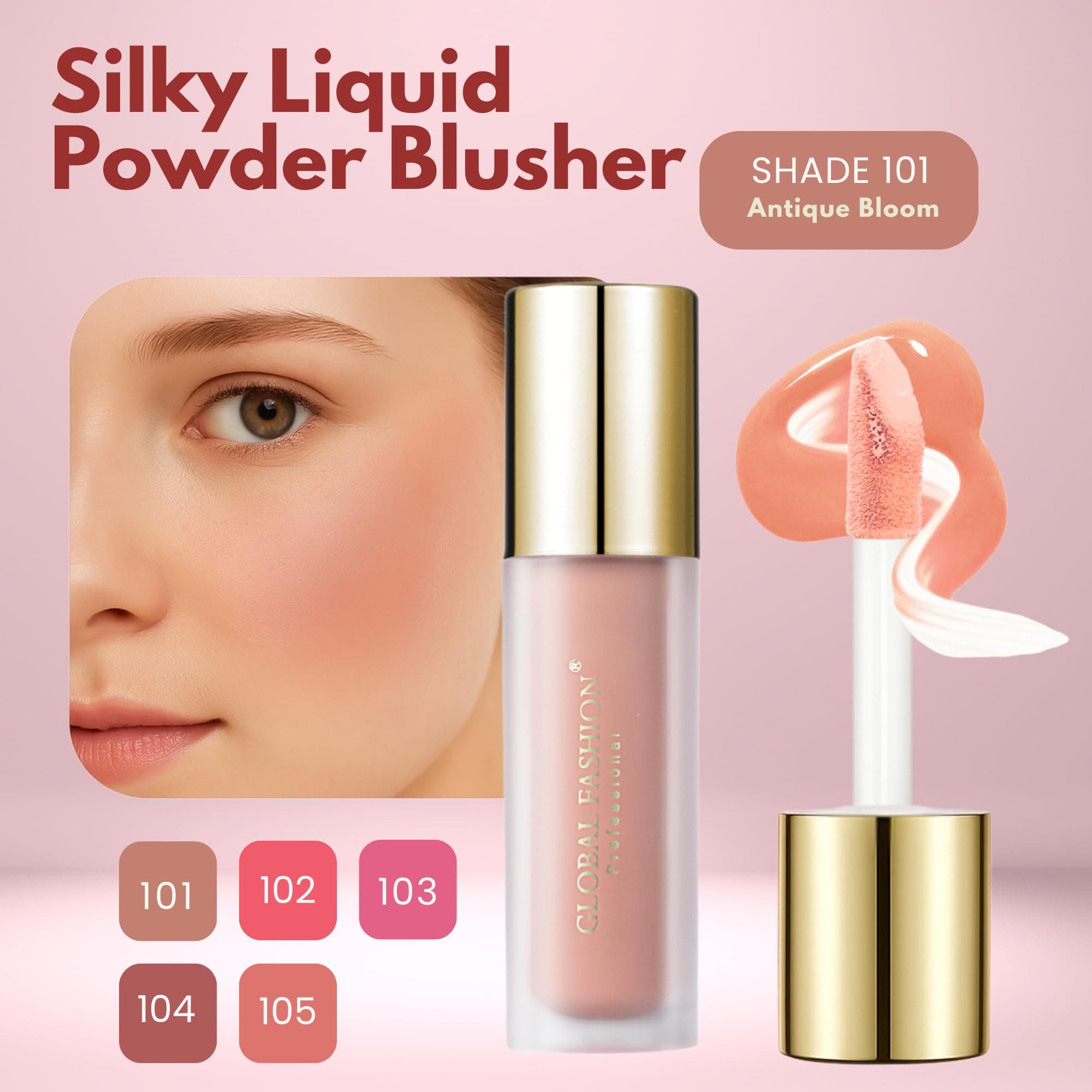 Global Fashion Silky Liquid Powder Blusher – 5 Shades, Long-Lasting Natural Glow Cheek Tint with Flat-Paddle Applicator, Air-Weight Texture, Cream to Powder Finish — 2