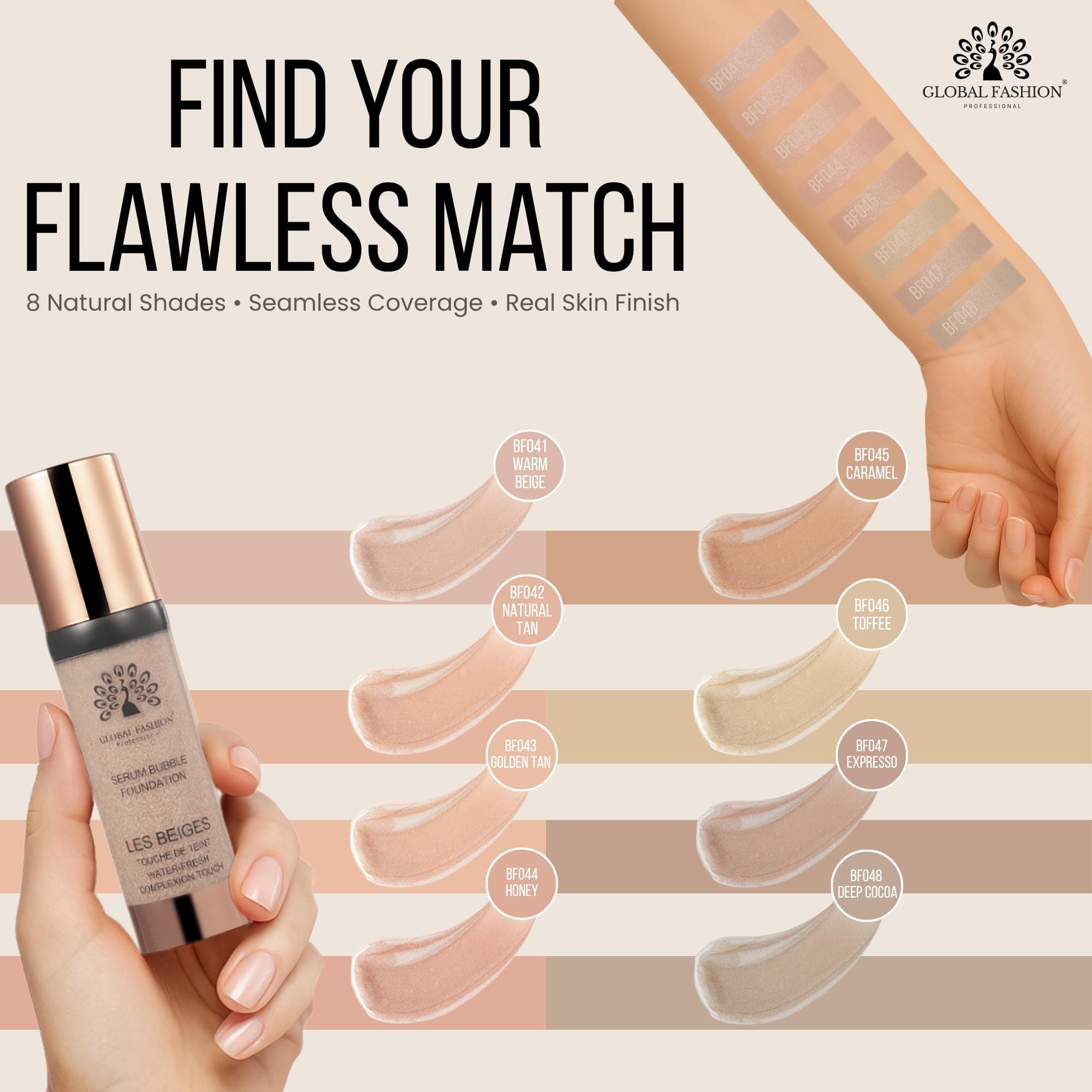 Global Fashion Serum Bubble Foundation 8 Shades - Water Fresh Bubble Serum with Weightless Buildable Coverage, Pore Blurring & All Day Hydrating Formula, Real Skin Finish — 3