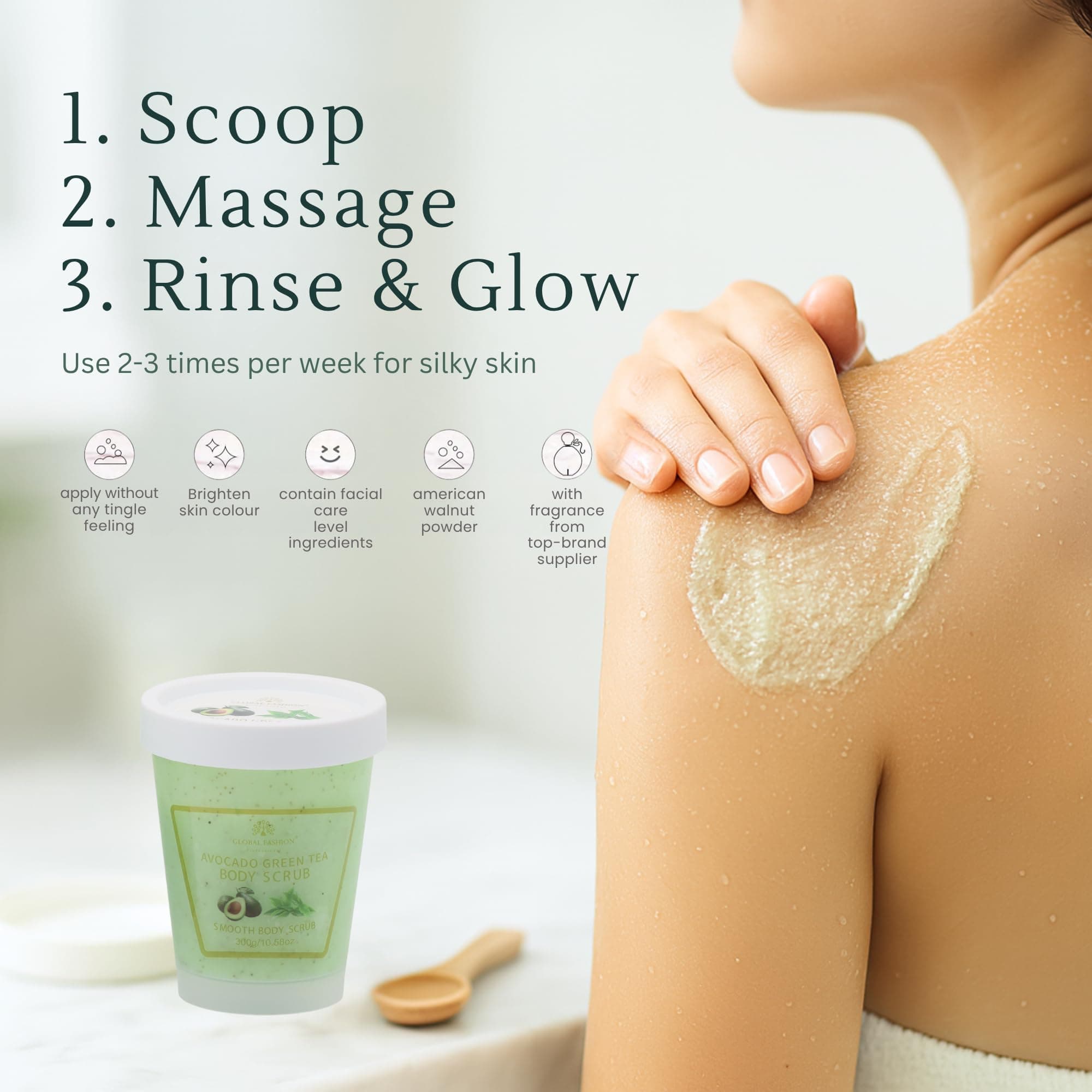 Global Fashion Smooth Body Scrub - Natural Exfoliating & Moisturizing Body Scrub with Collagen & Vitamin E – Deep-Cleansing, Nourishing & Brightening Skin — 4