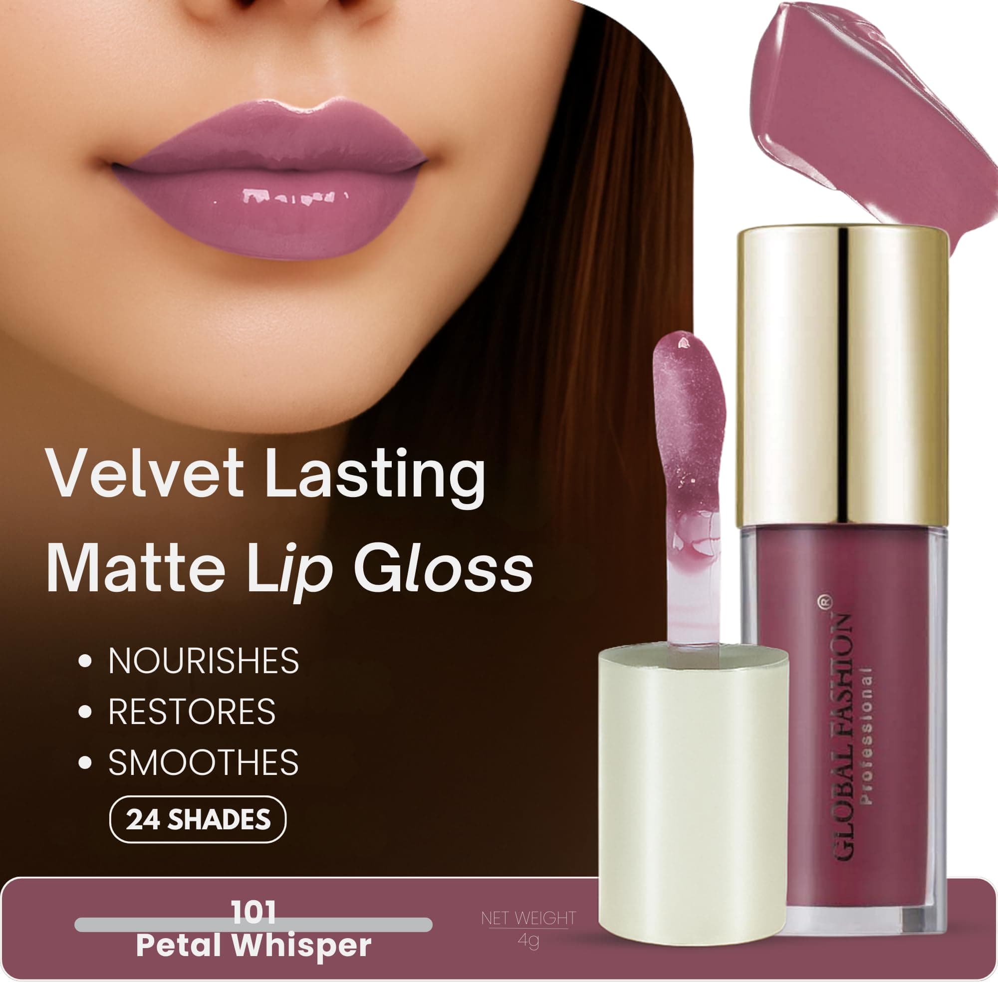 GLOBAL FASHION Velvet Lasting Matte Lip Gloss 4g - 24 Shades, Lightweight, Long-Lasting, Non-Sticky, High-Pigment, Hydrating with Jojoba Oil & Vitamin E for Smooth Wear — 2