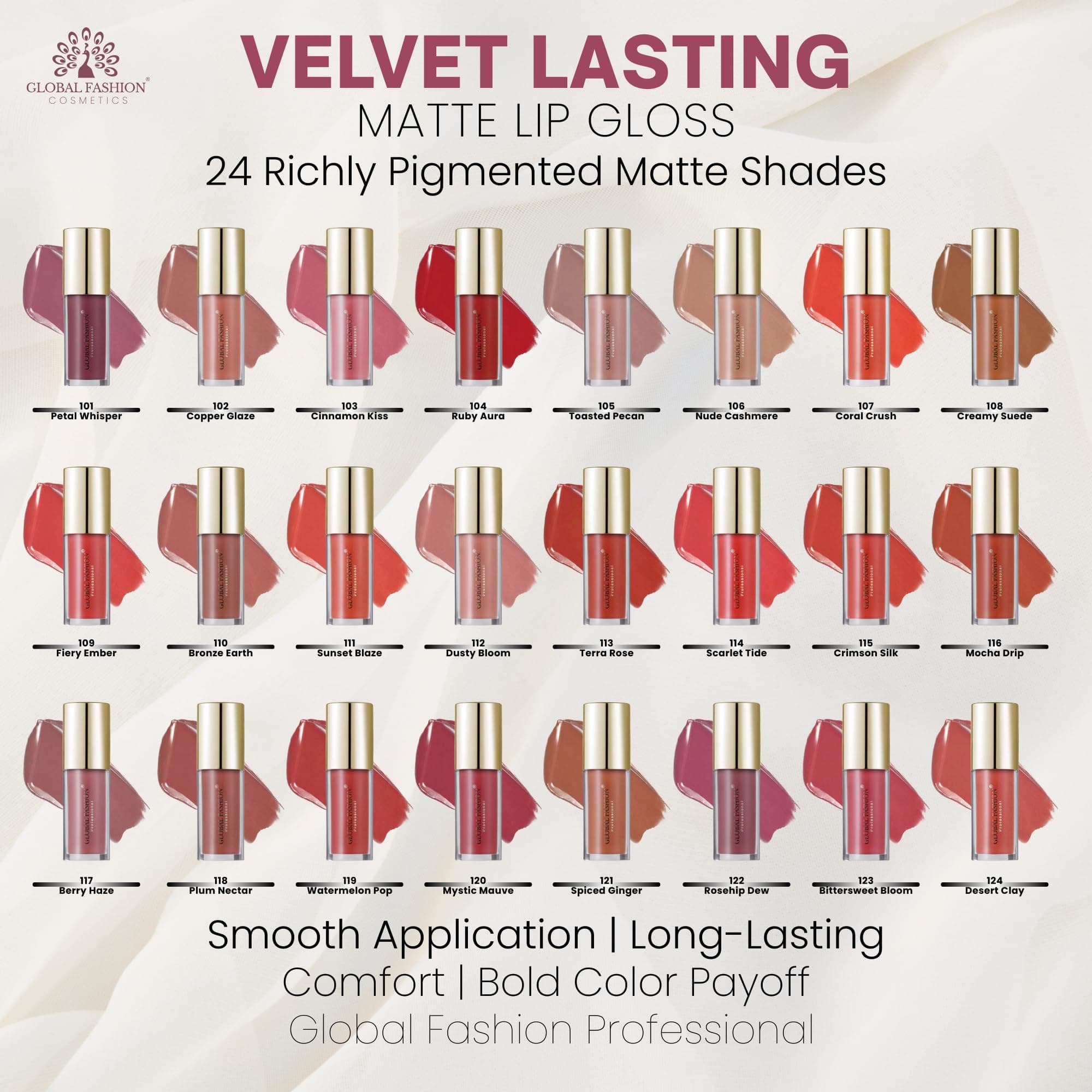 GLOBAL FASHION Velvet Lasting Matte Lip Gloss 4g - 24 Shades, Lightweight, Long-Lasting, Non-Sticky, High-Pigment, Hydrating with Jojoba Oil & Vitamin E for Smooth Wear — 5