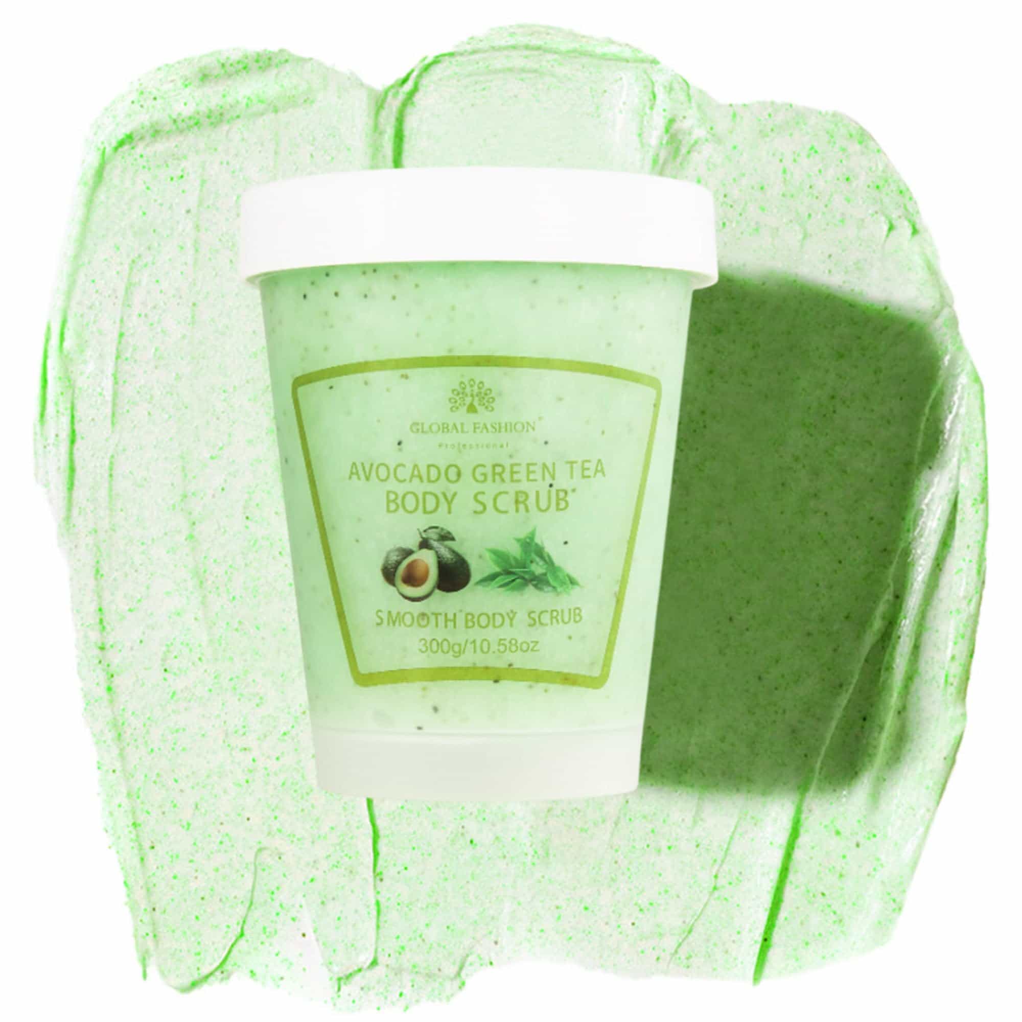 Global Fashion Smooth Body Scrub - Natural Exfoliating & Moisturizing Body Scrub with Collagen & Vitamin E – Deep-Cleansing, Nourishing & Brightening Skin (300 g, Avocado + Green t)