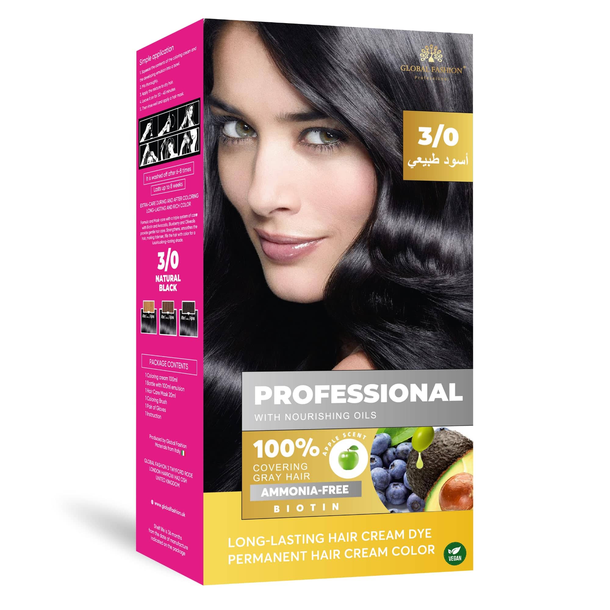 Permanent Hair Color Cream for Women & Men – 100% Grey Coverage, Ammonia-Free, Long-Lasting Hair Dye with Biotin & Nourishing Oils, Vegan Formula, 250ml – (3.0 Natural Black, 250ml)