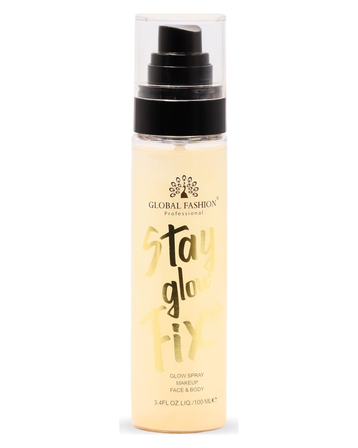 Global Fashion Stay Glow Fix+ 100 ml - Shimmer Mist 3-in-1 for Face, Body and Hair - Hydrating Glow Spray, Radiance and Makeup Fixation, Quick-Dry Non-Sticky Fine Mist with Light-Veil Shimmer (Gold)
