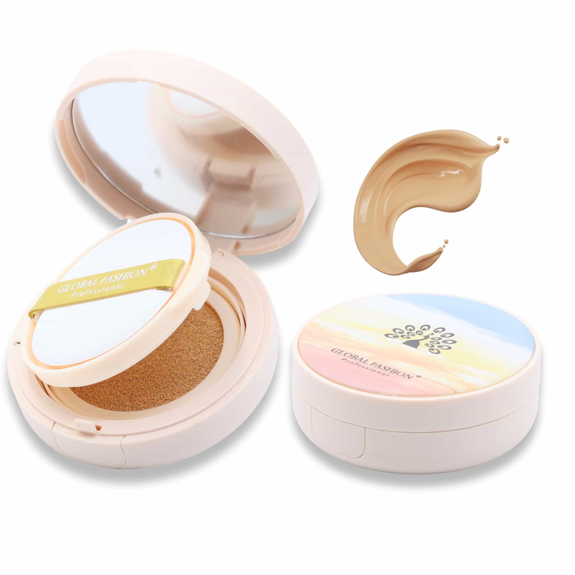 Global Fashion Air Cushion BB Cream + 2 Refills Set - 8 Shades, Long-Lasting Waterproof Foundation with Oil Control, Pore-Minimizing Coverage & Lightweight Breathable Formula (GS06)
