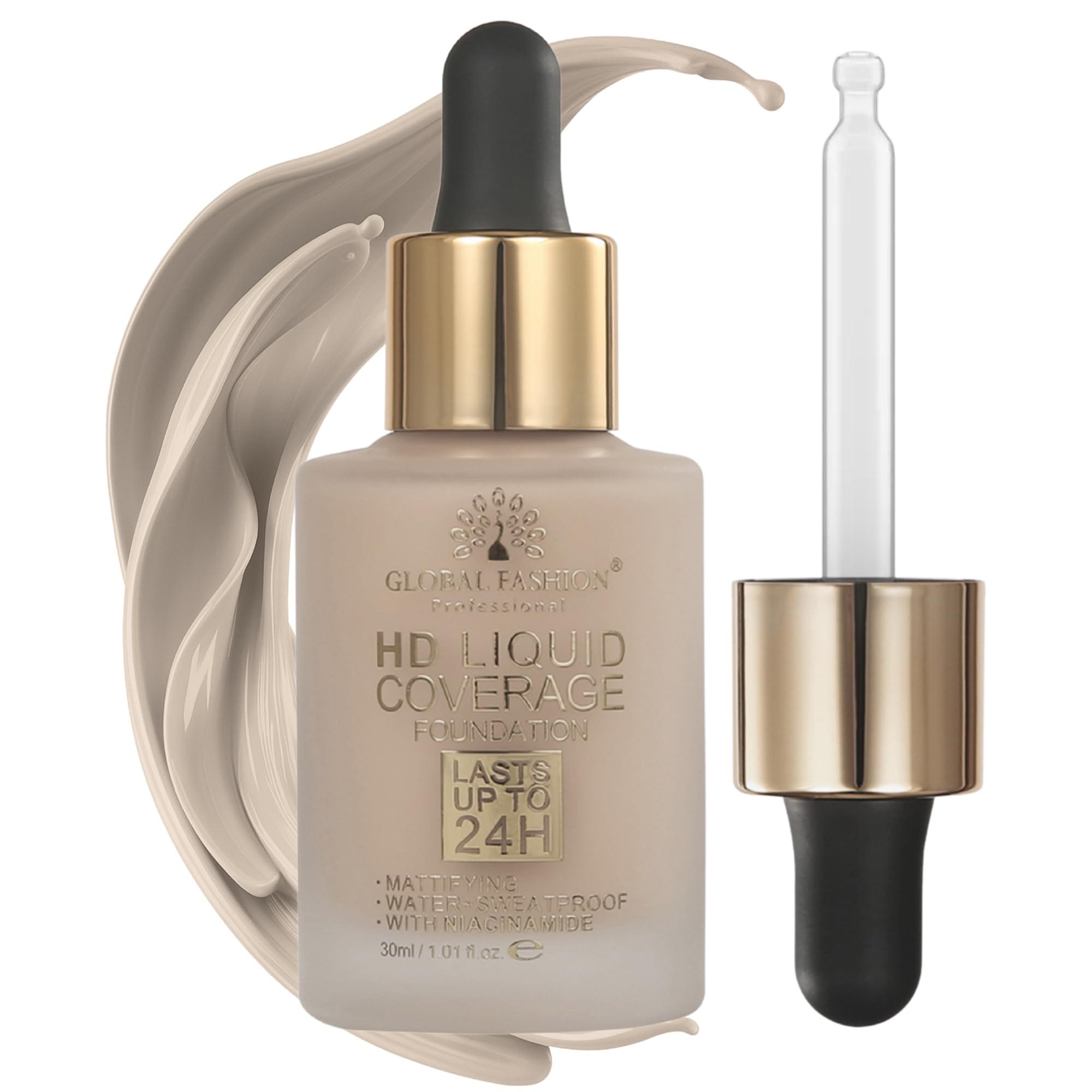 Global Fashion HD Liquid Coverage Foundation 30ml - 8 Flawless Shades, 24H Long-Lasting Matte Finish, Waterproof, Lightweight Full Coverage with Niacinamide - Korean Formula (GX08)
