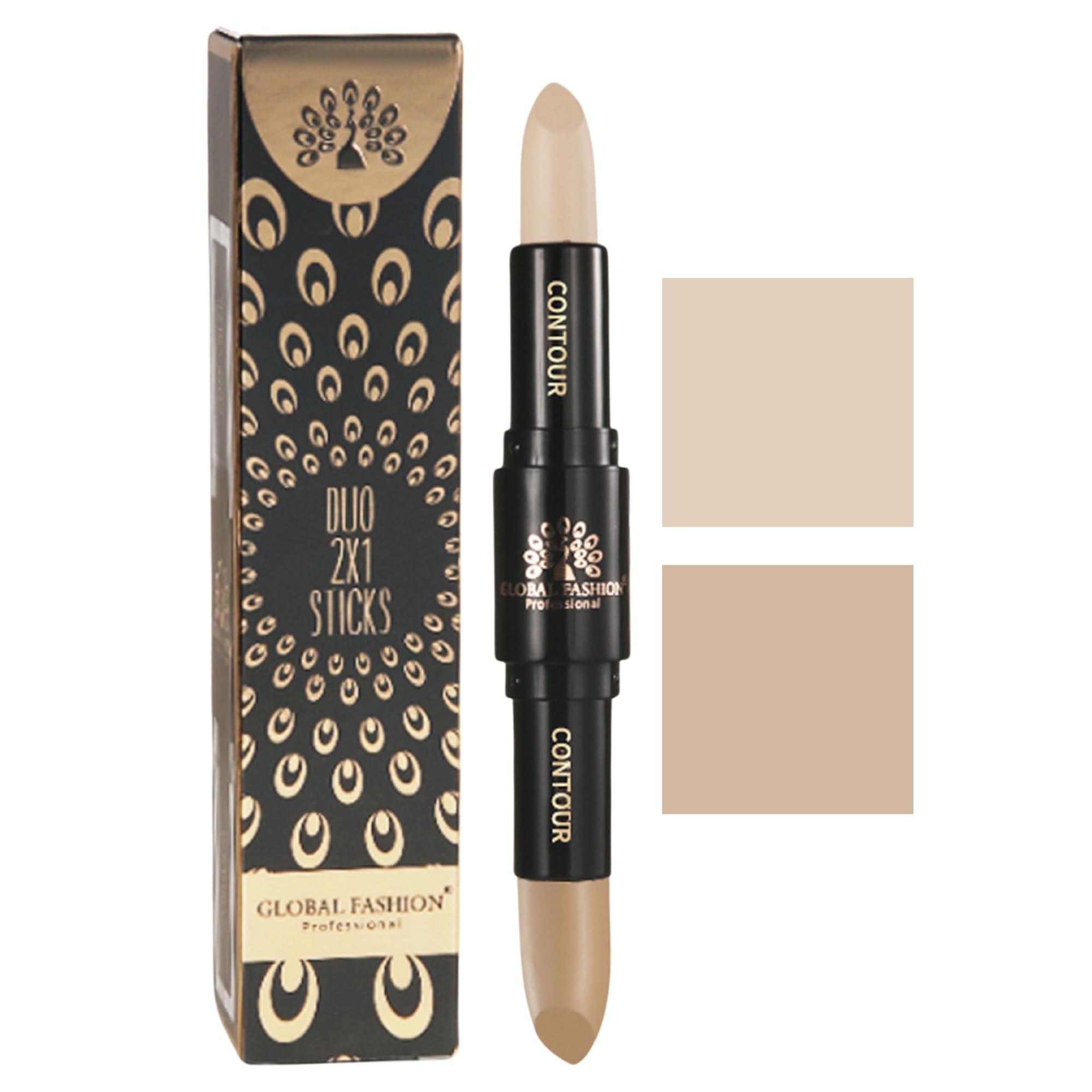 Global Fashion Duo 2‑in‑1 Contour & Highlight Stick - 4 Shades, Dual‑Ended Cream to Powder Sculpting Pen, Waterproof Long-Lasting Formula for Face, Nose & Cheekbones (GC01 - Dust S) — Color GC01 - Dust Storm + Dark Vanilla