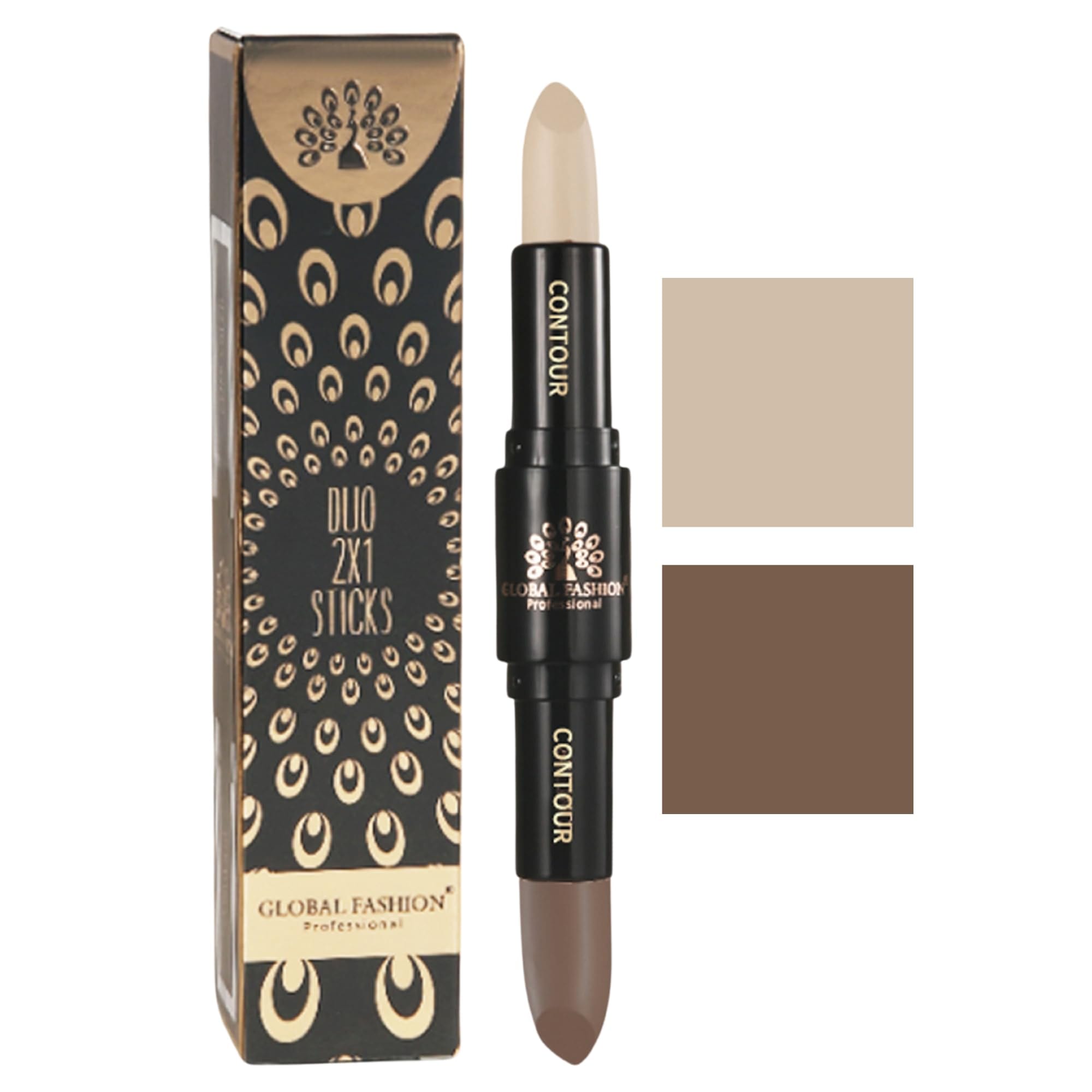 Global Fashion Duo 2‑in‑1 Contour & Highlight Stick - 4 Shades, Dual‑Ended Cream to Powder Sculpting Pen, Waterproof Long-Lasting Formula for Face, Nose & Cheekbones (GC02 - Vanill) — Color GC02 - Vanilla + Roman Coffee