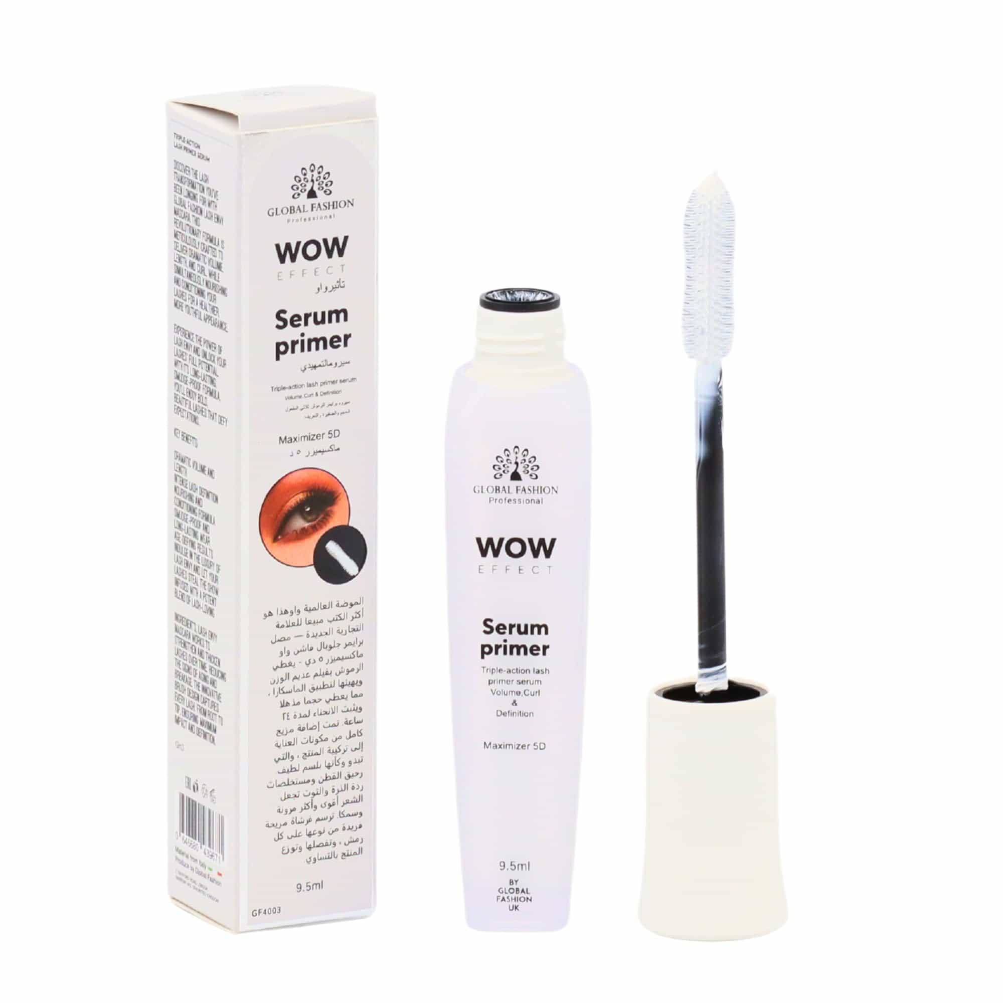 Global Fashion WOW Effect Triple-Action Lash Serum Primer – 3-in-1 Volumizing, Curl & Definition Pre-Mascara Base, Infused with Vitamin E, Panthenol & Peptides, Maximizer 5D, 9.5 m