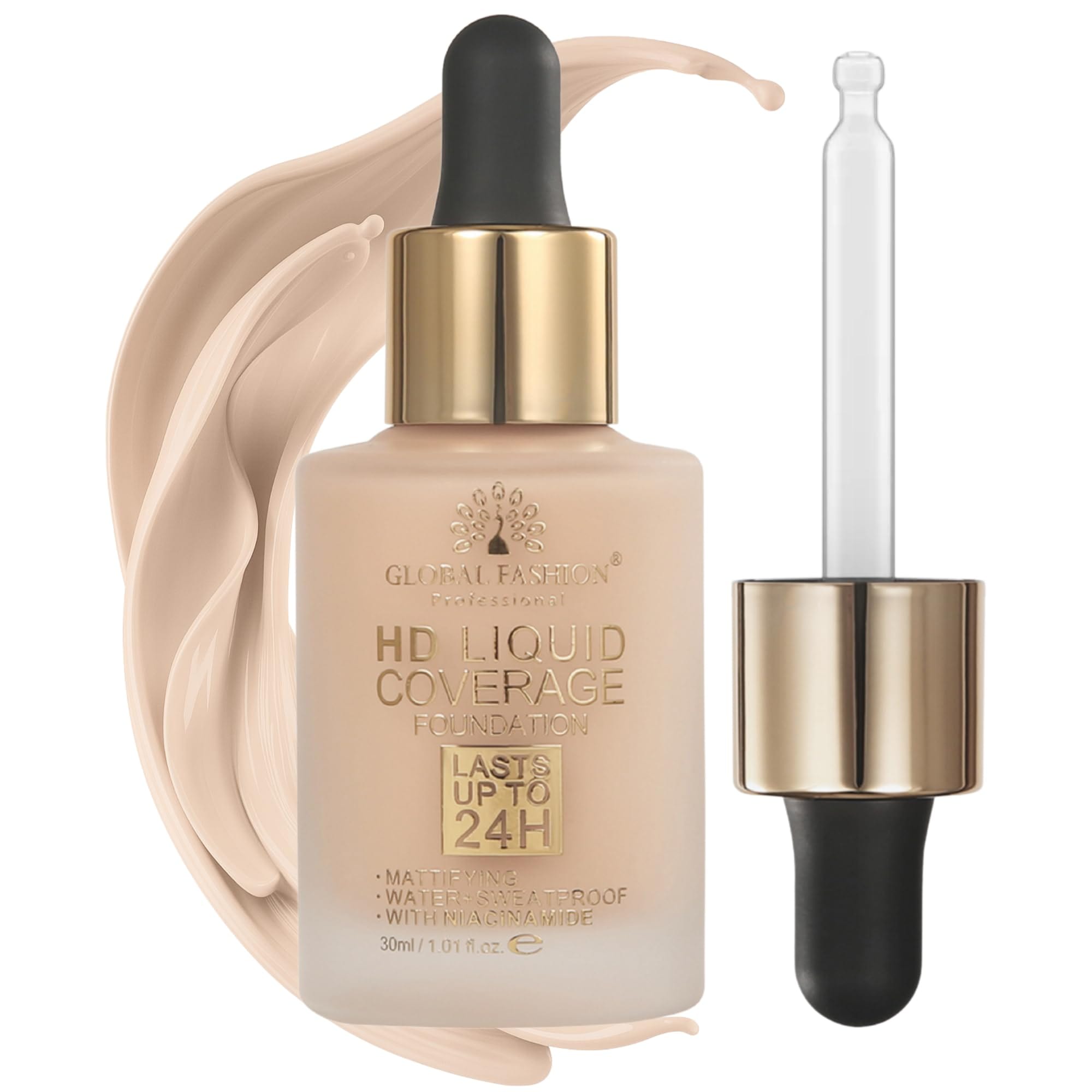 Global Fashion HD Liquid Coverage Foundation 30ml - 8 Flawless Shades, 24H Long-Lasting Matte Finish, Waterproof, Lightweight Full Coverage with Niacinamide - Korean Formula (GX04)