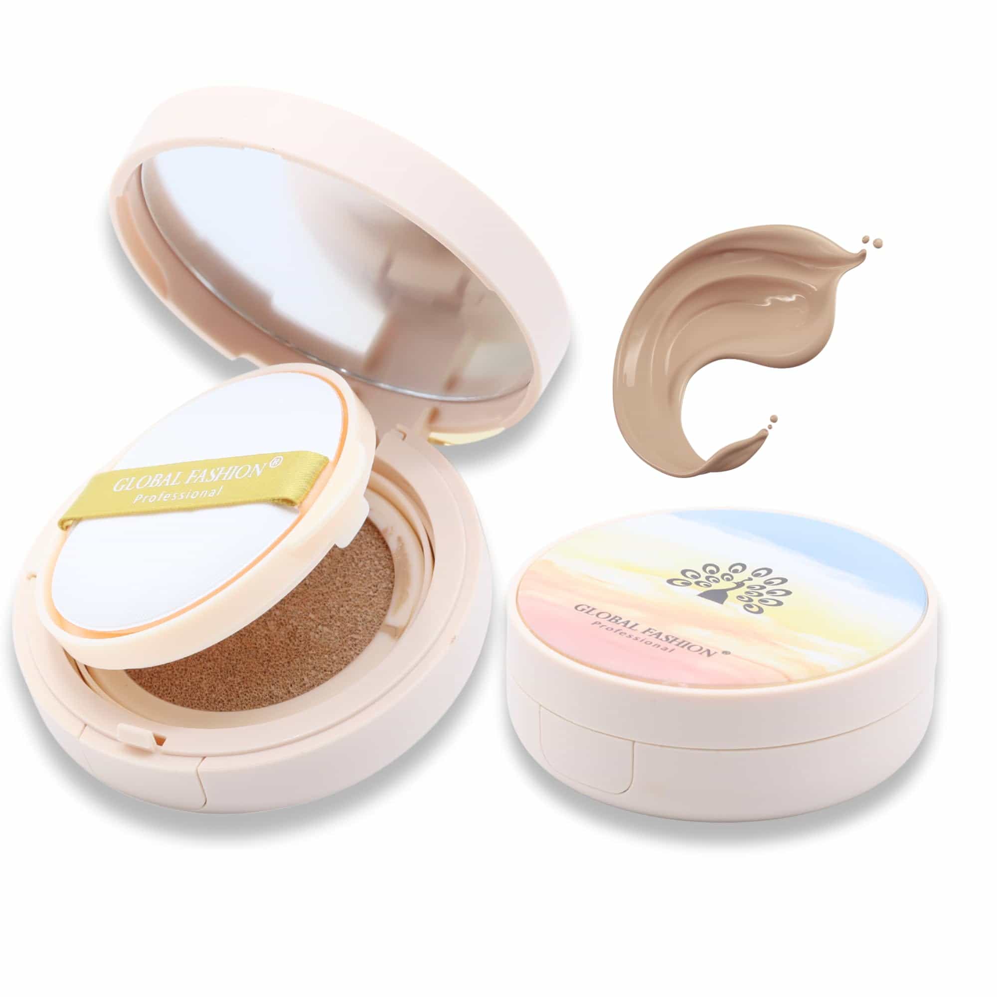 Global Fashion Air Cushion BB Cream + 2 Refills Set - 8 Shades, Long-Lasting Waterproof Foundation with Oil Control, Pore-Minimizing Coverage & Lightweight Breathable Formula (GS07)