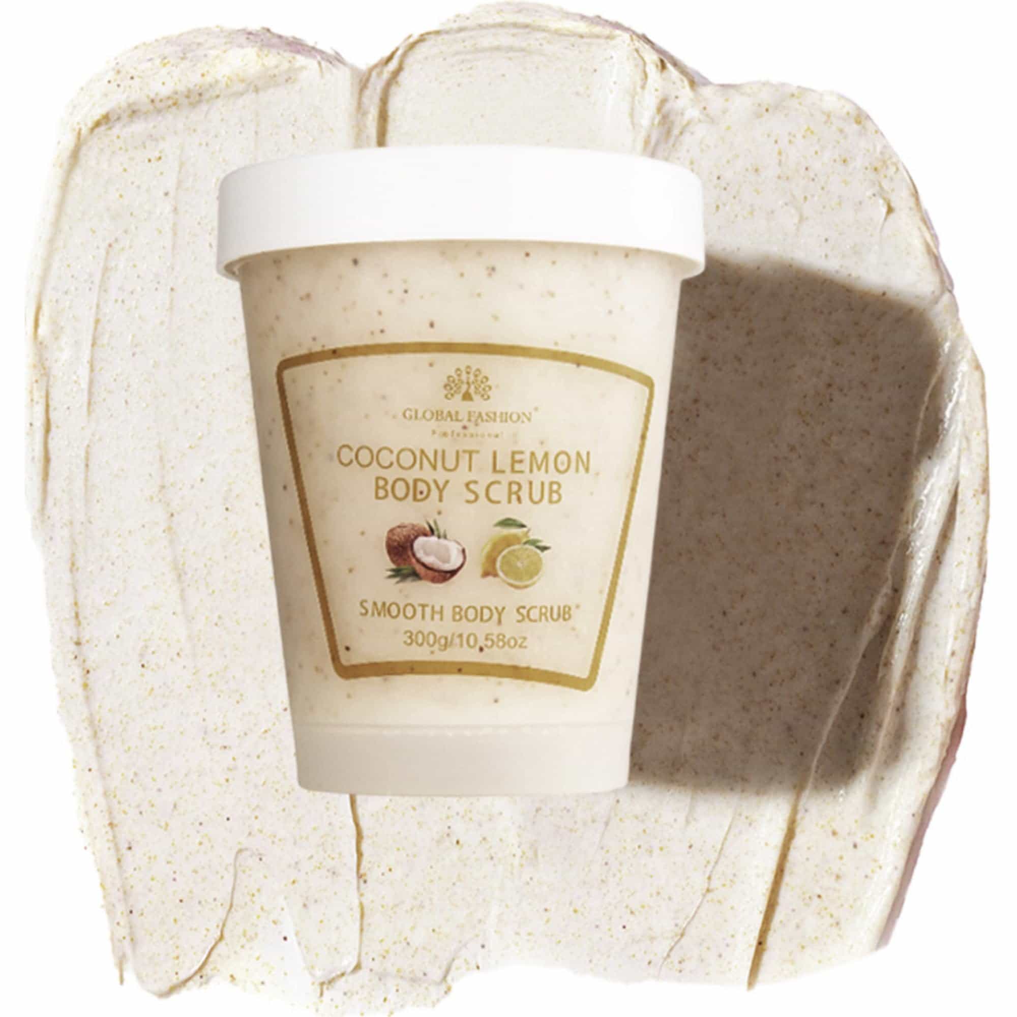 Global Fashion Smooth Body Scrub - Natural Exfoliating & Moisturizing Body Scrub with Collagen & Vitamin E – Deep-Cleansing, Nourishing & Brightening Skin (300 g, Coconut + Lemon)
